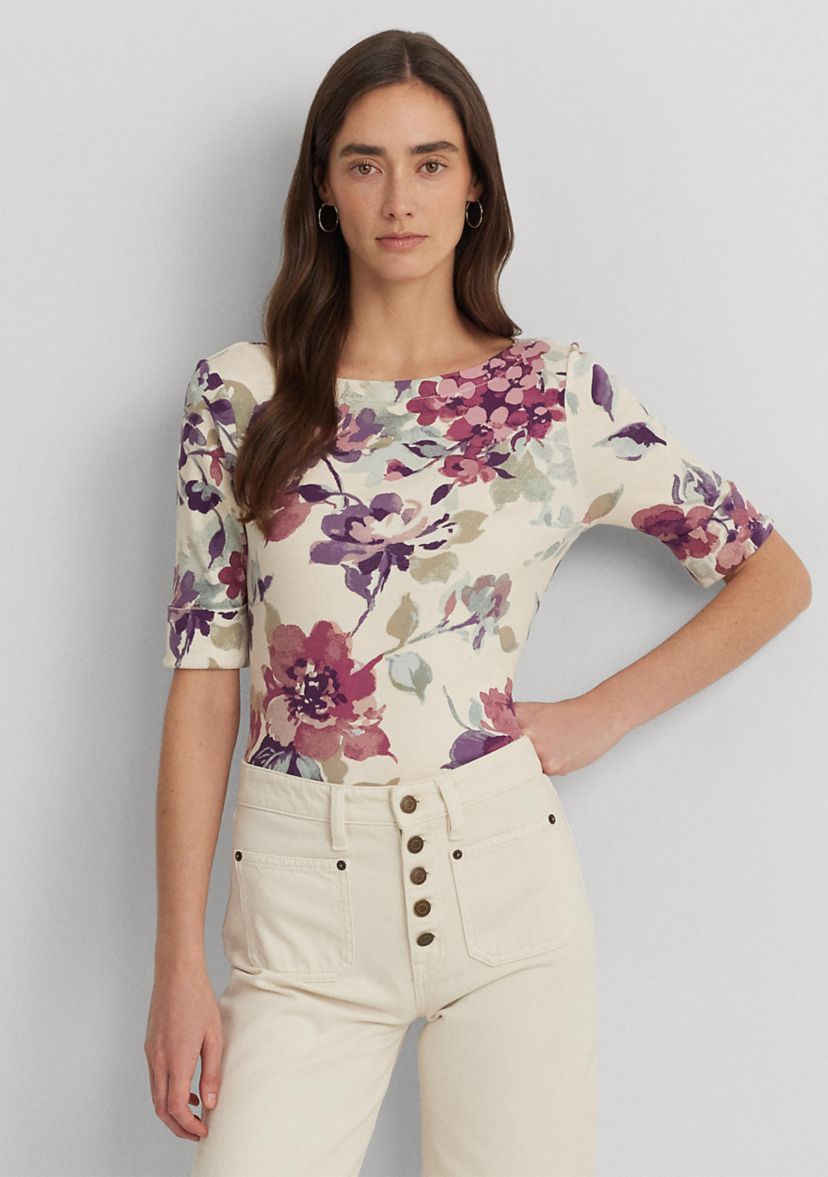Womens Floral Stretch Cotton Boat Neck T-Shirt