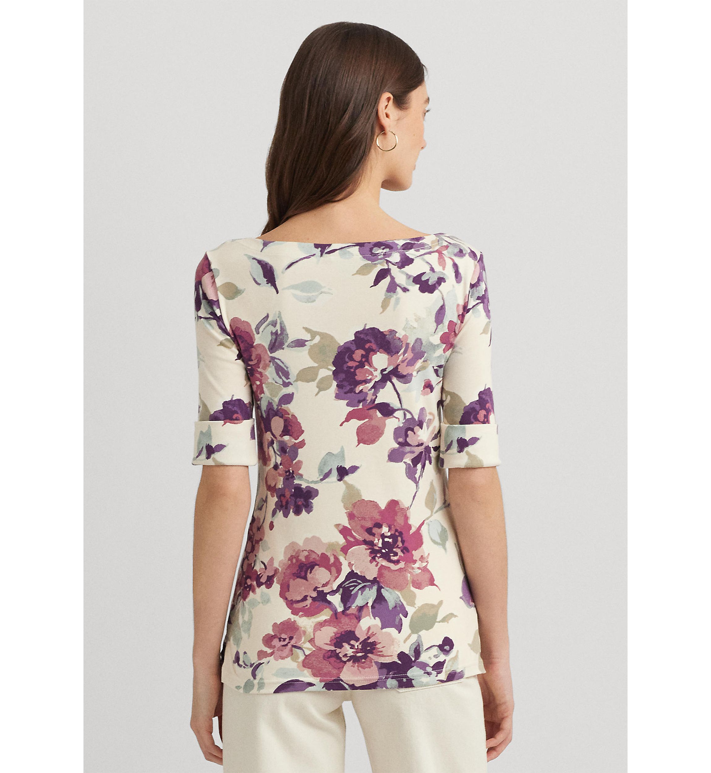 Womens Floral Stretch Cotton Boat Neck T-Shirt