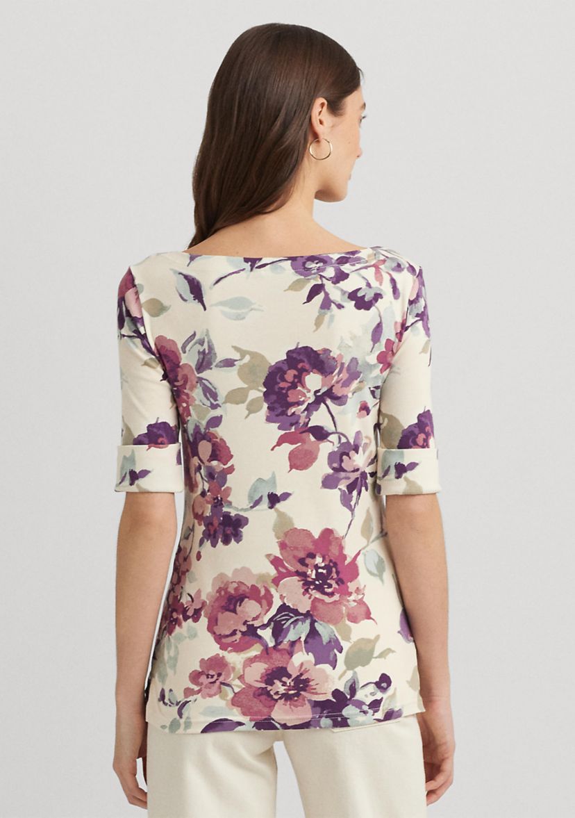 Womens Floral Stretch Cotton Boat Neck T-Shirt