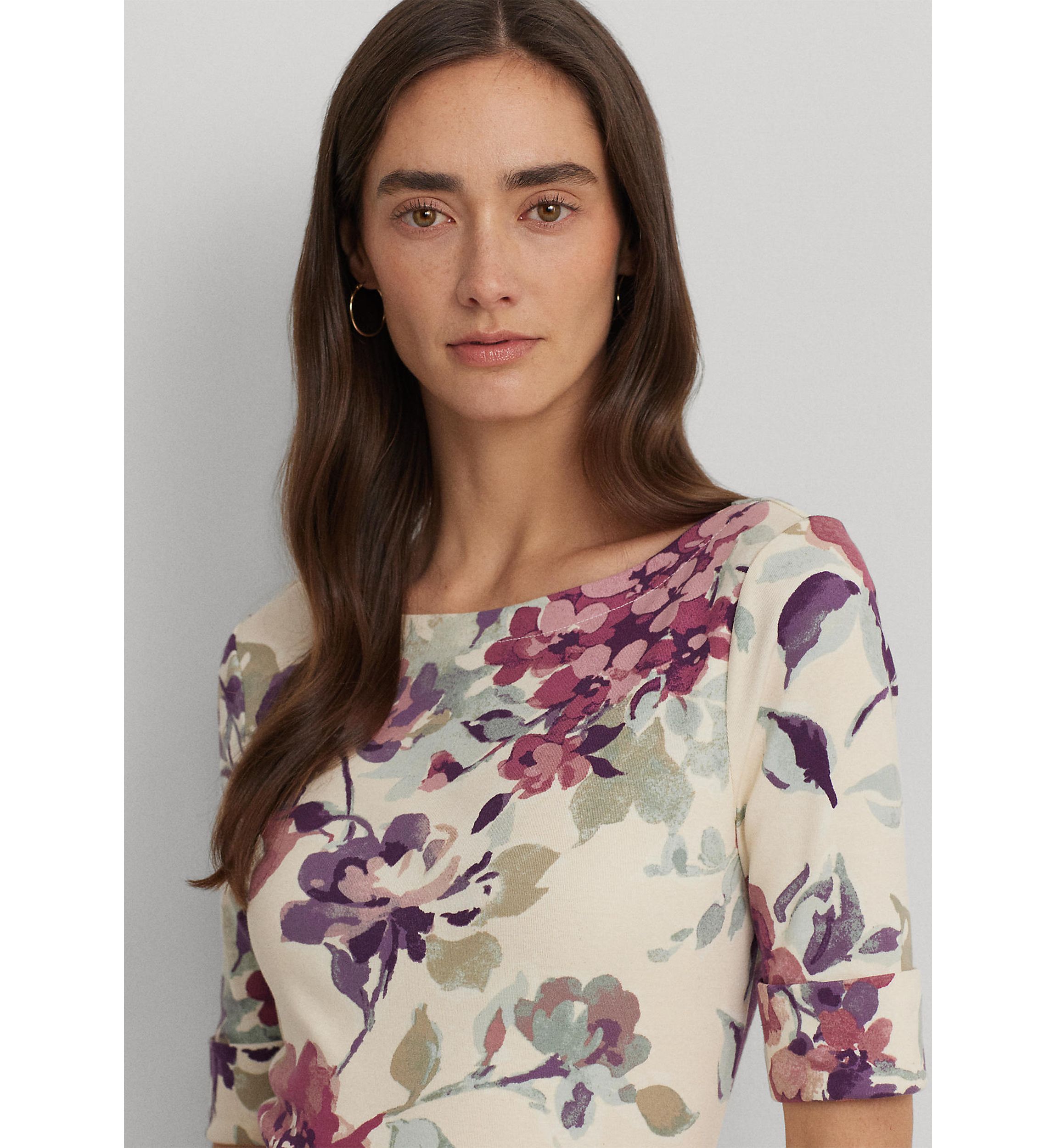 Womens Floral Stretch Cotton Boat Neck T-Shirt