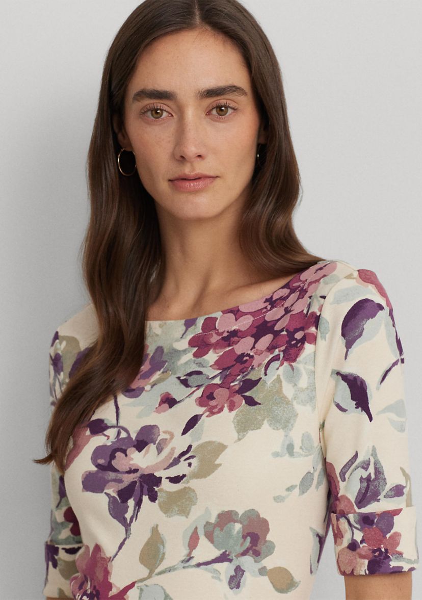 Womens Floral Stretch Cotton Boat Neck T-Shirt