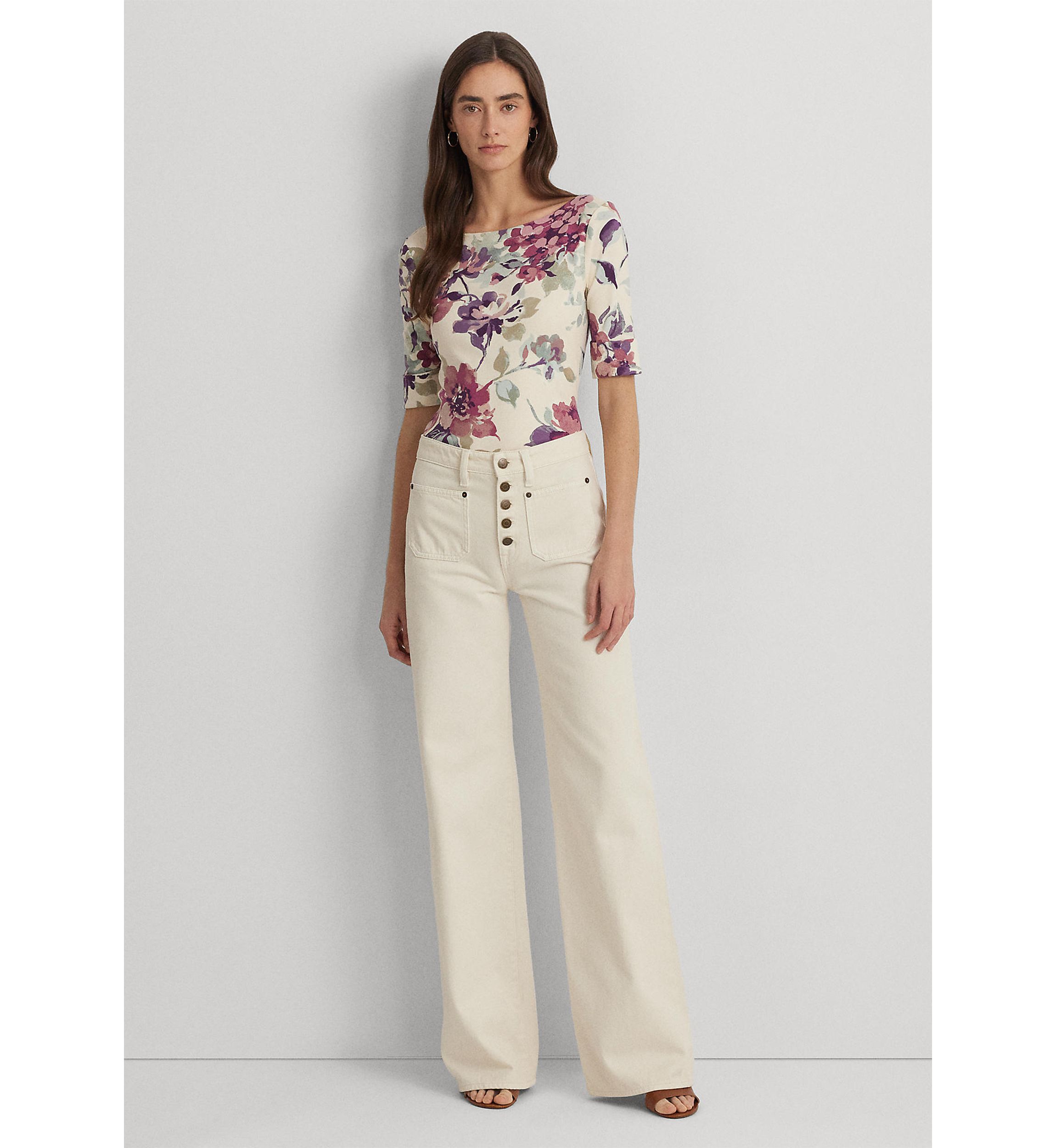 Womens Floral Stretch Cotton Boat Neck T-Shirt