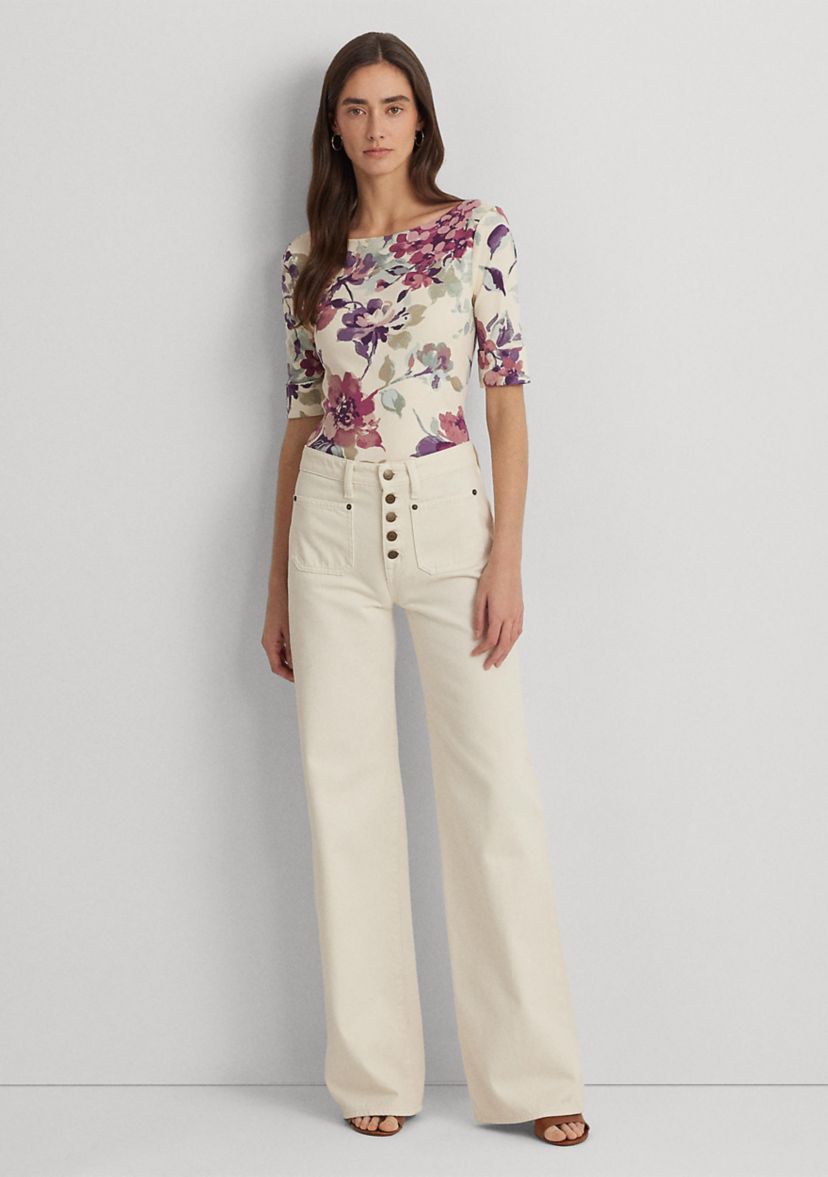 Womens Floral Stretch Cotton Boat Neck T-Shirt