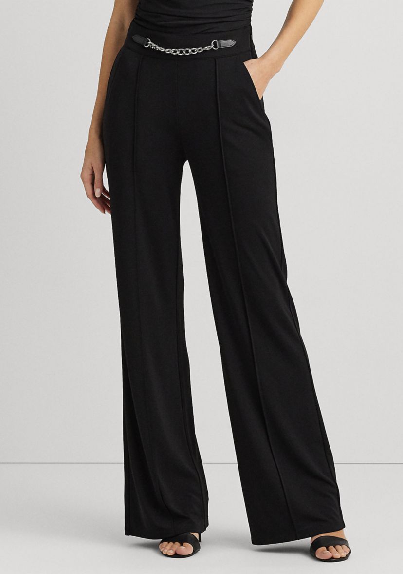Womens Chain-Trim Pleated Jersey Wide-Leg Pants