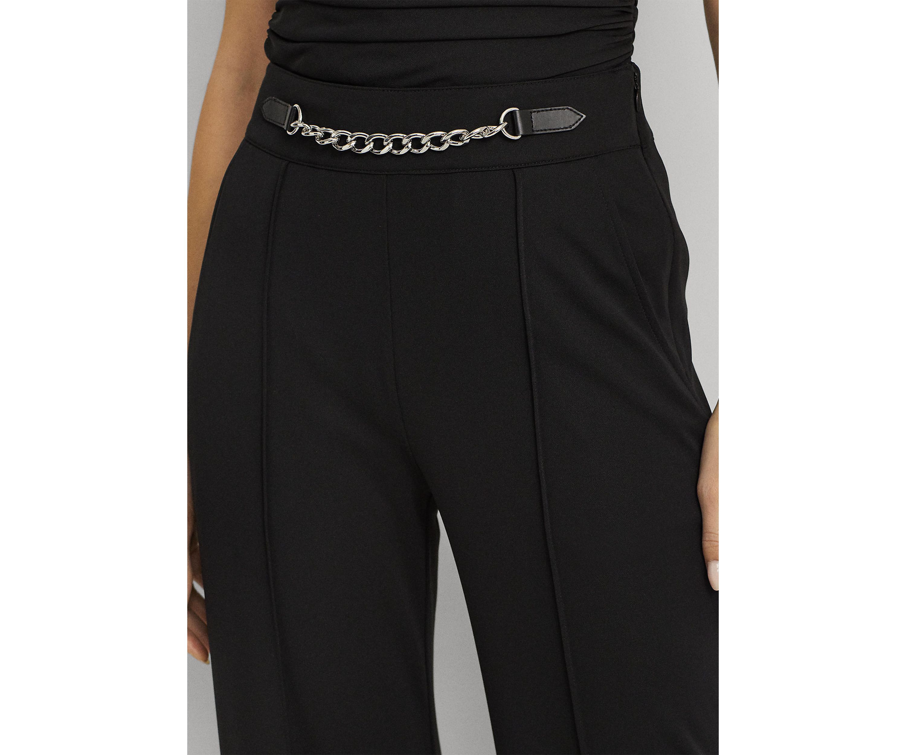 Womens Chain-Trim Pleated Jersey Wide-Leg Pants