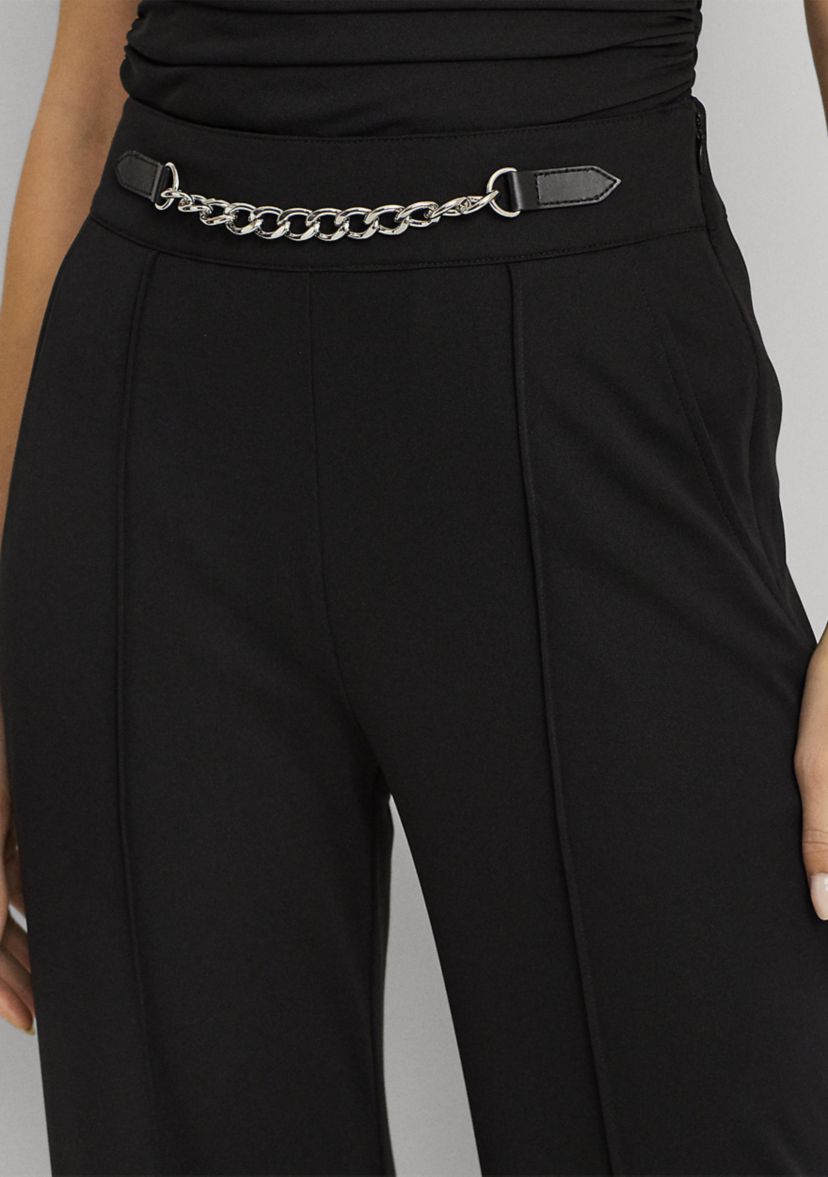 Womens Chain-Trim Pleated Jersey Wide-Leg Pants