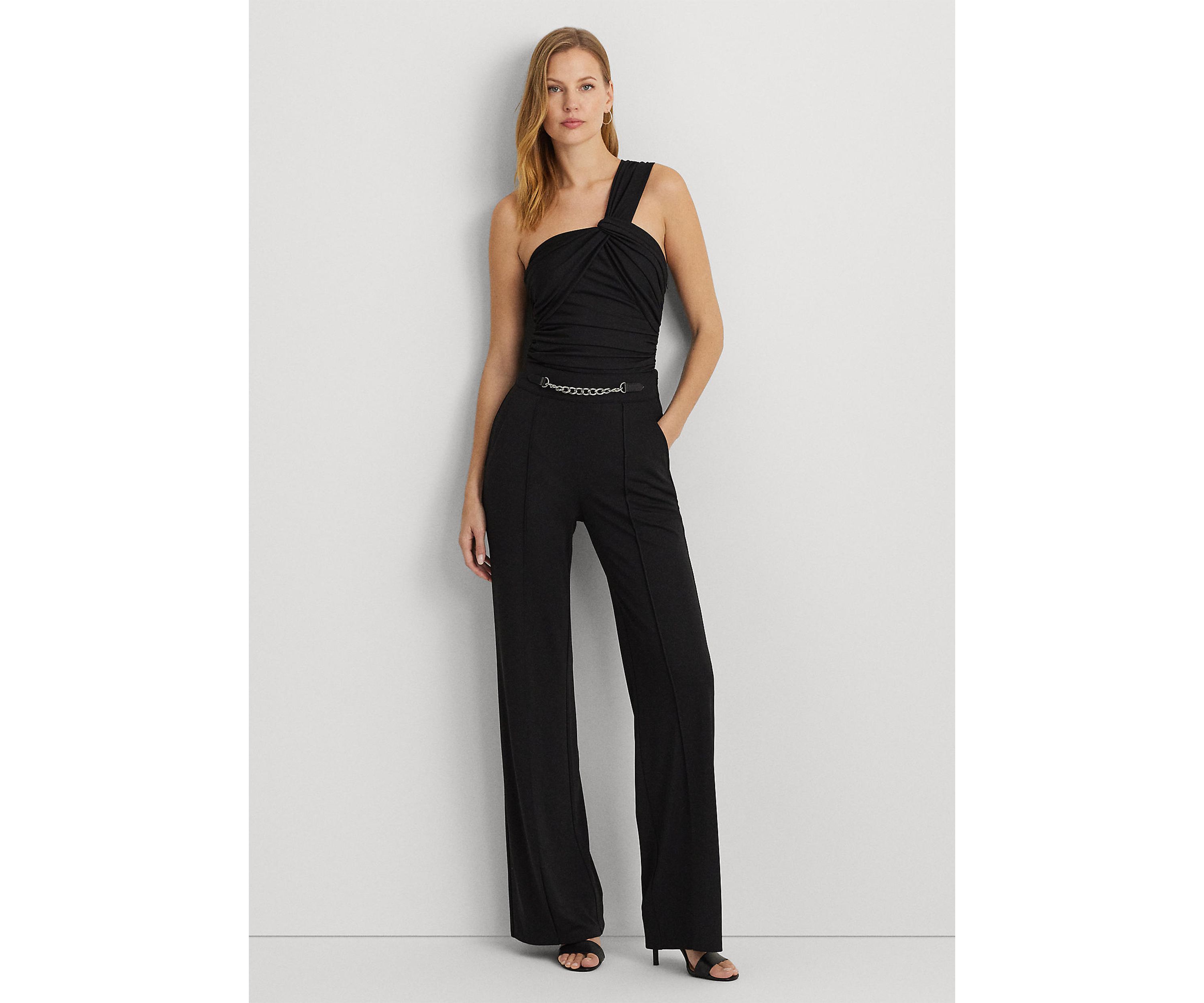 Womens Chain-Trim Pleated Jersey Wide-Leg Pants