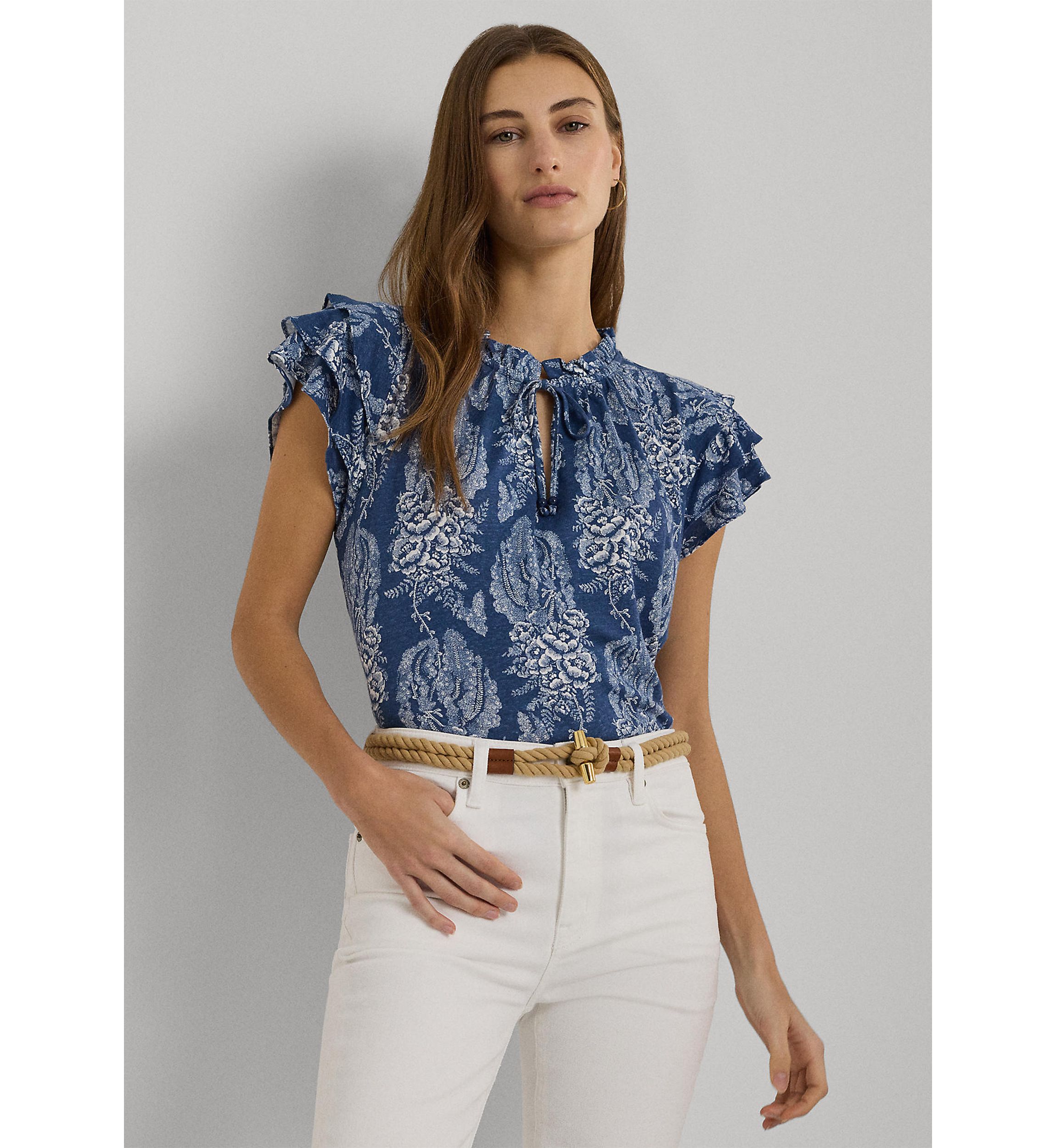 Floral Linen Blend Jersey Tie Neck Top