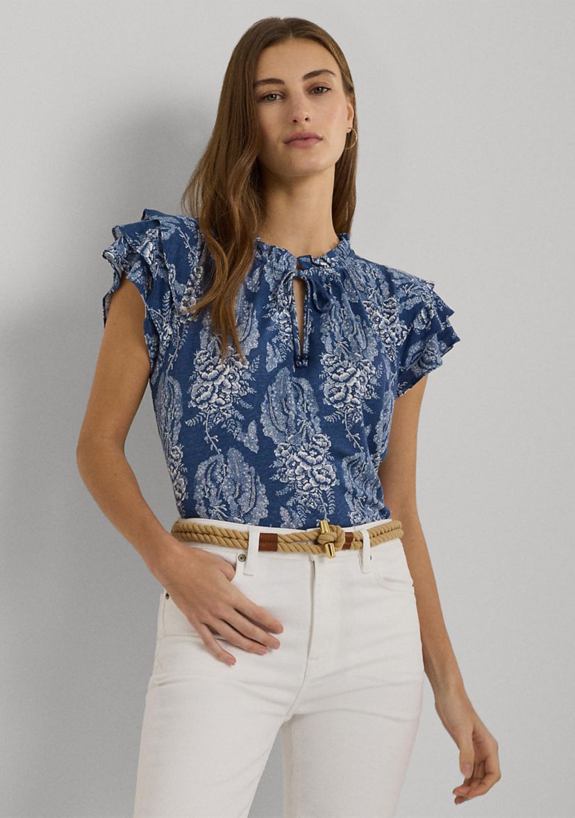 Floral Linen Blend Jersey Tie Neck Top