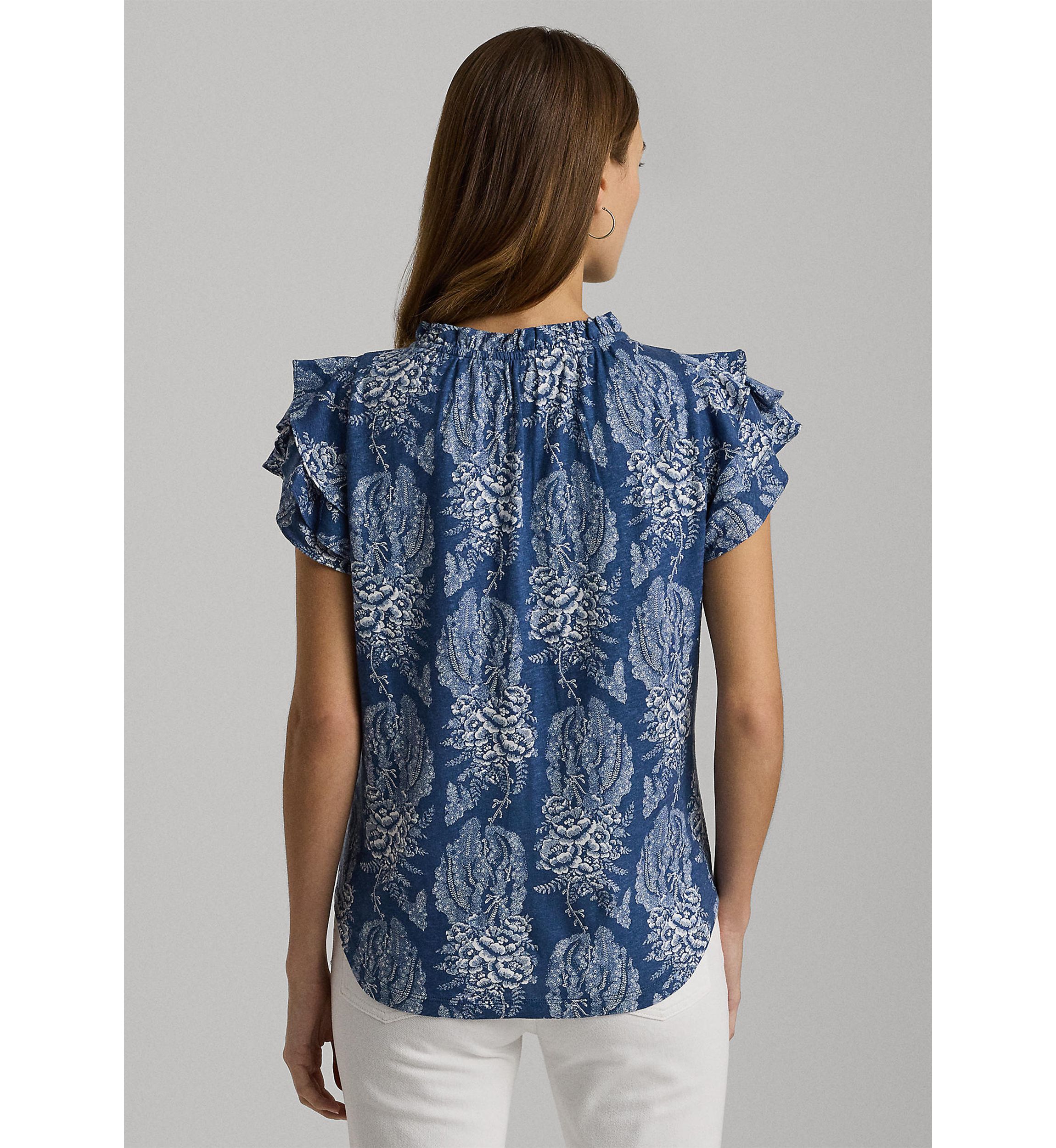 Floral Linen Blend Jersey Tie Neck Top