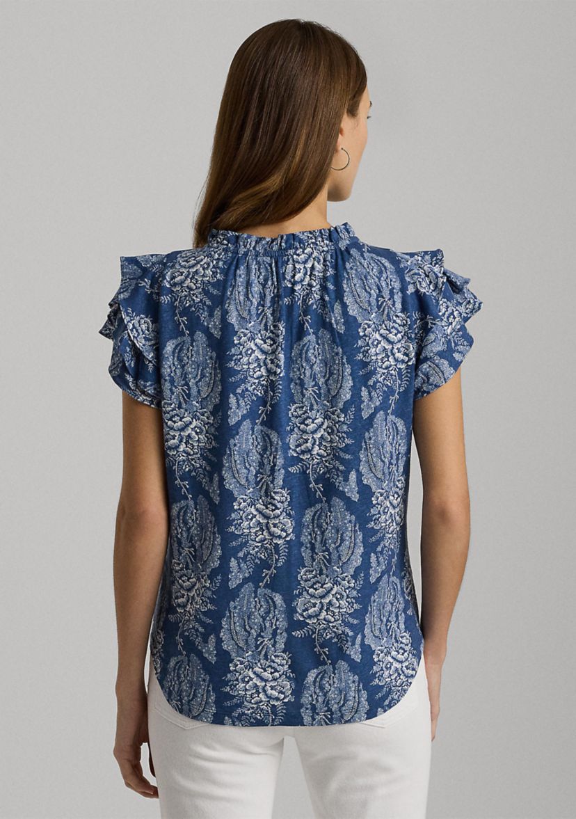 Floral Linen Blend Jersey Tie Neck Top