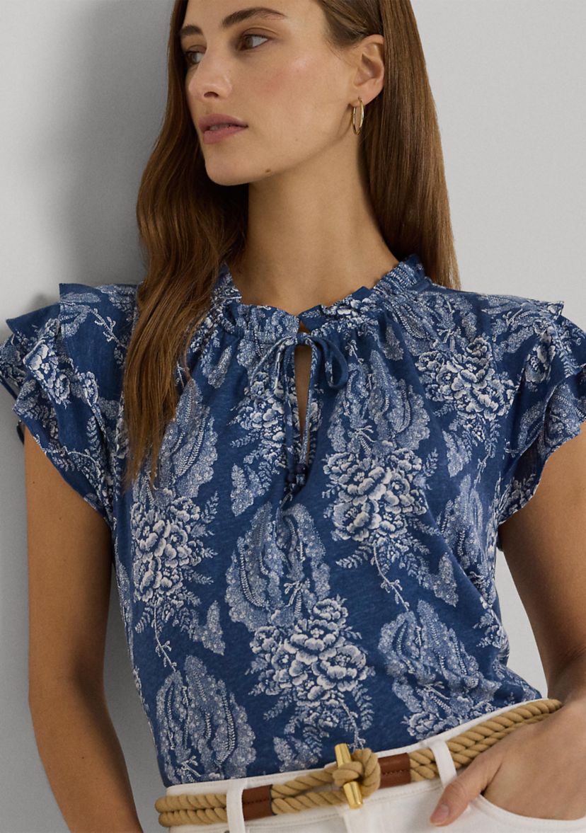Floral Linen Blend Jersey Tie Neck Top