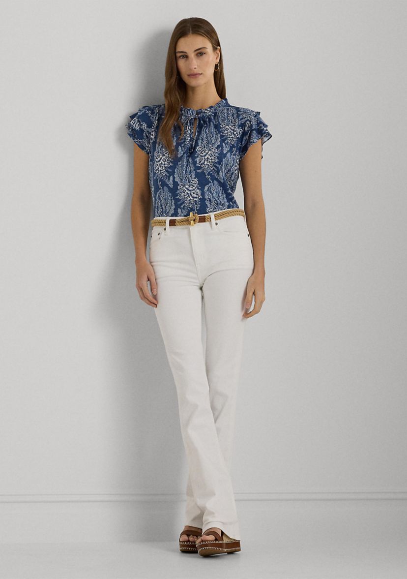 Floral Linen Blend Jersey Tie Neck Top