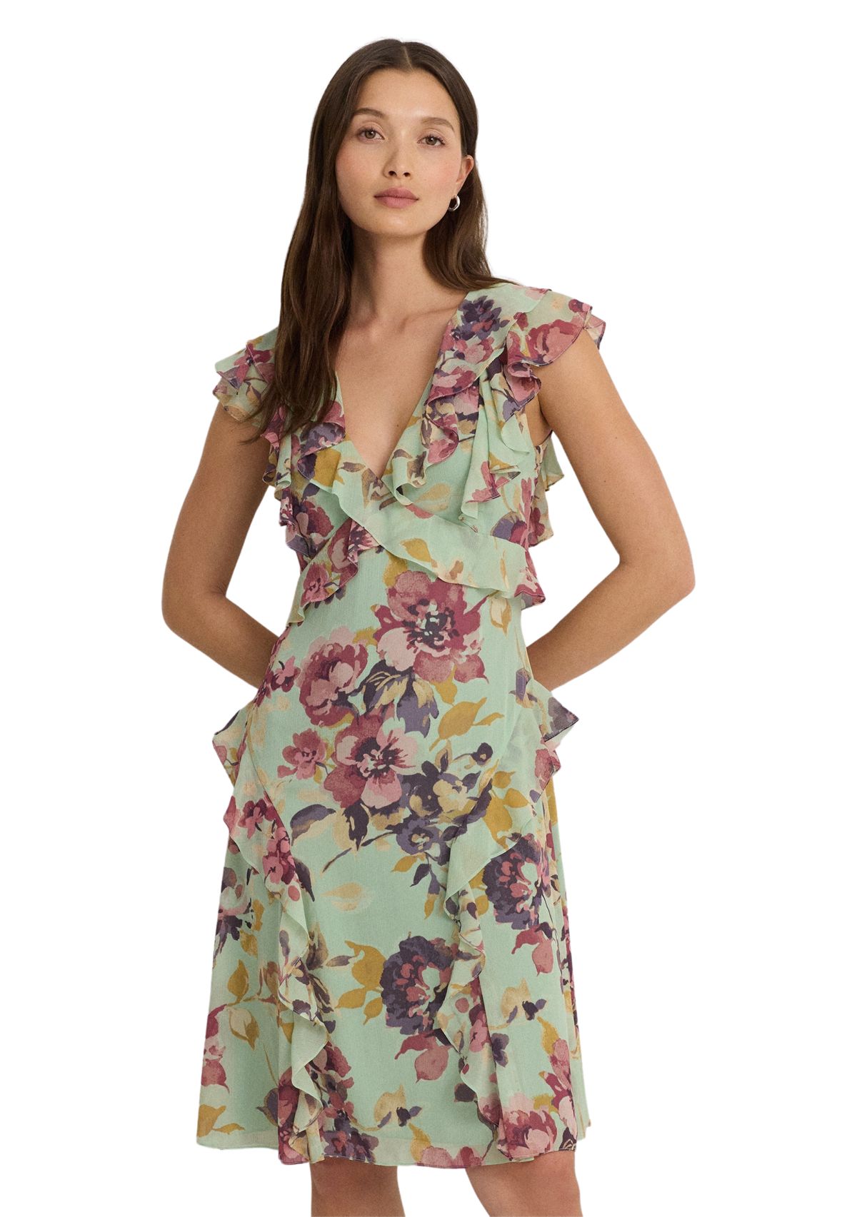 Floral Ruffle Trim Georgette Dress