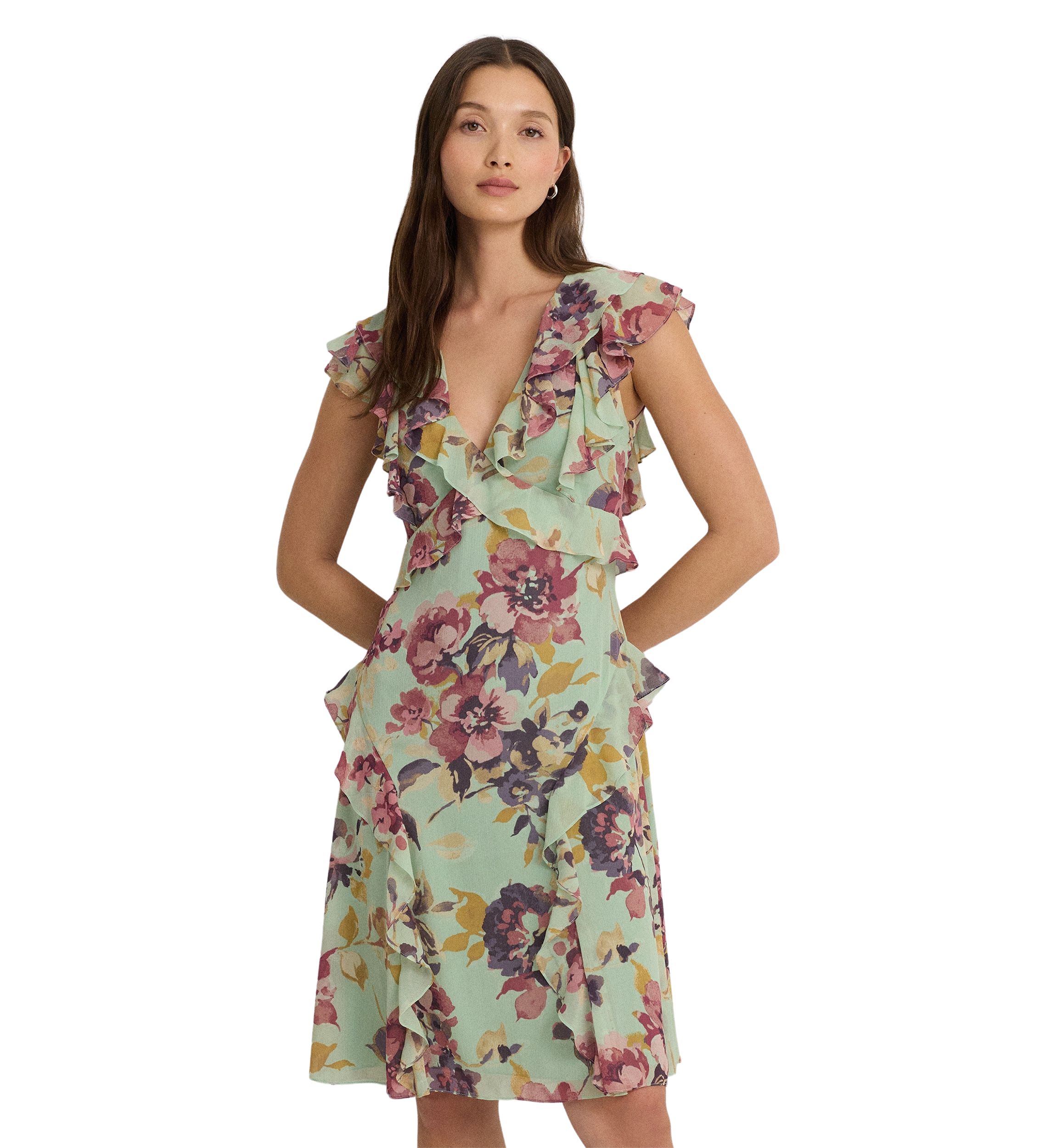 Floral Ruffle Trim Georgette Dress