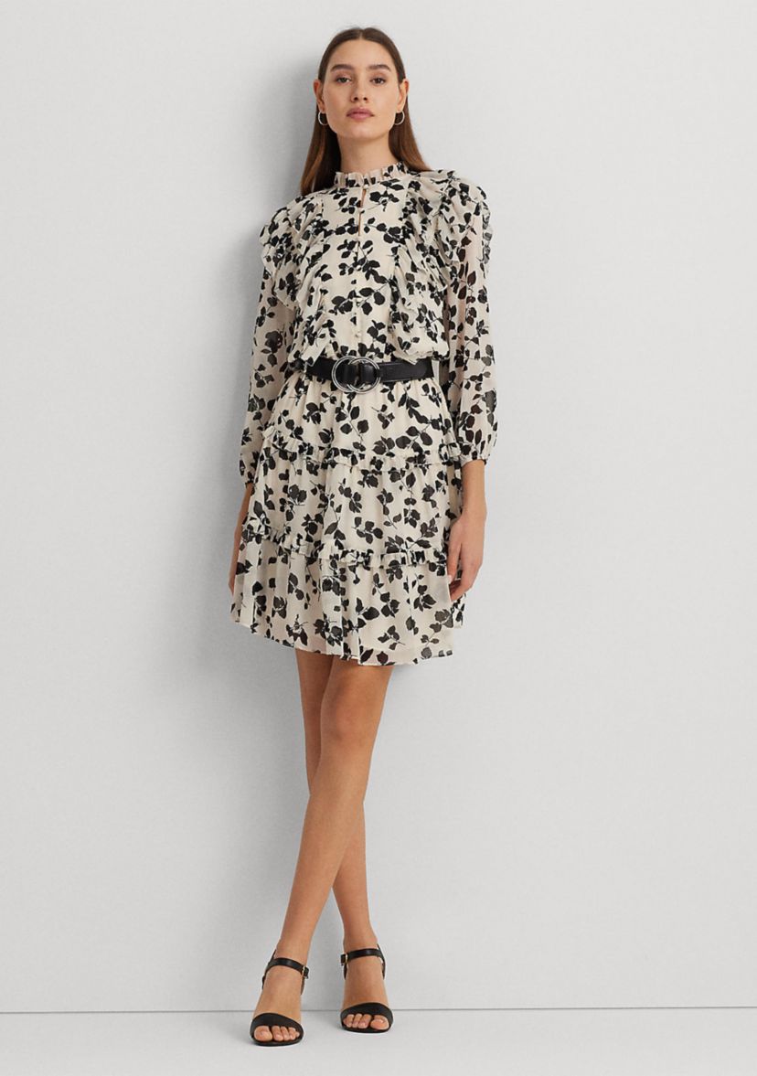 Womens Leaf-Print Ruffle-Trim Georgette Dress