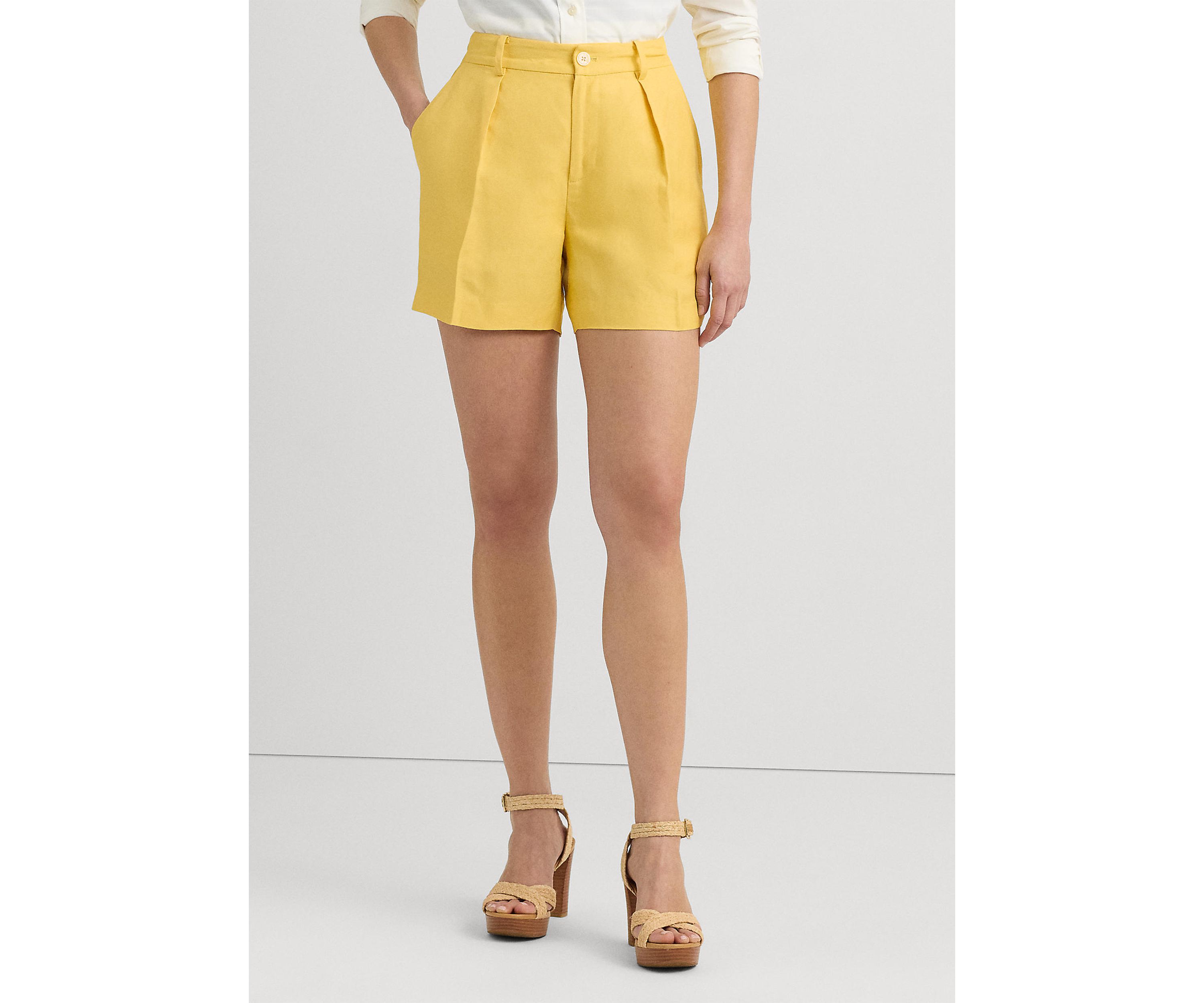 Pleated Linen Blend Twill Shorts