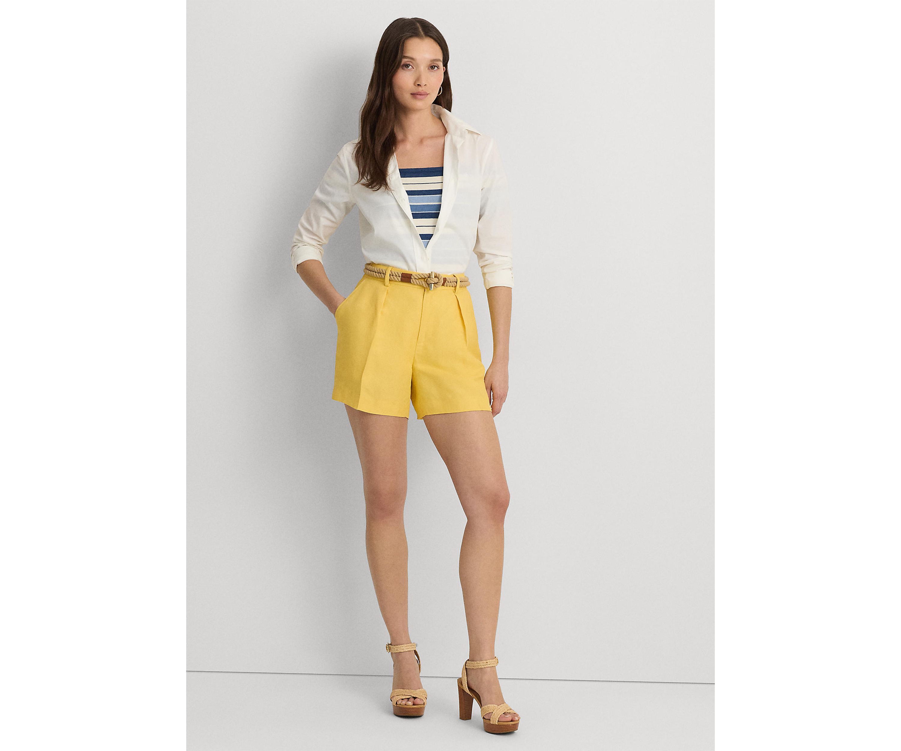 Pleated Linen Blend Twill Shorts