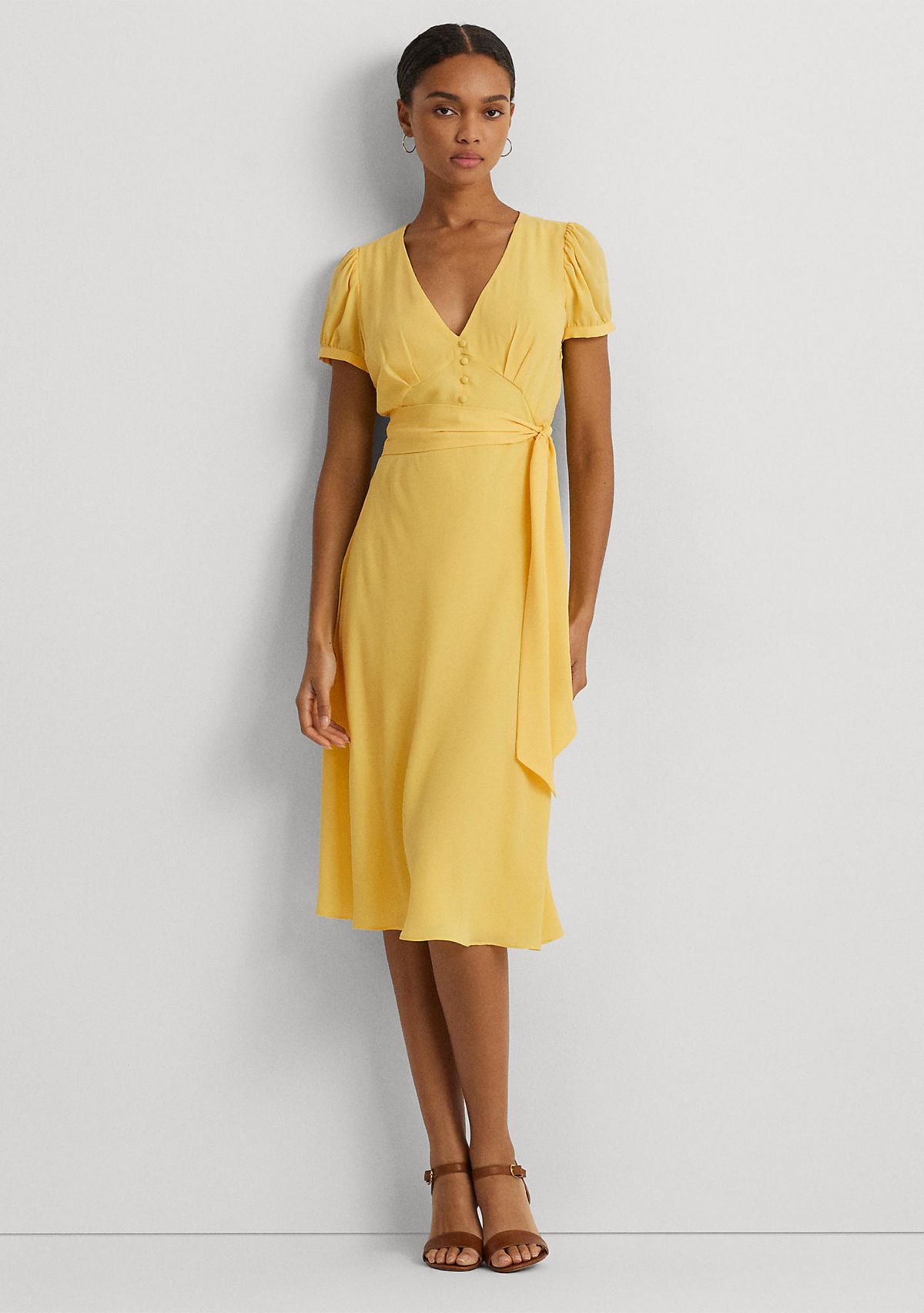 Belted Georgette Puff Sleeve Dress