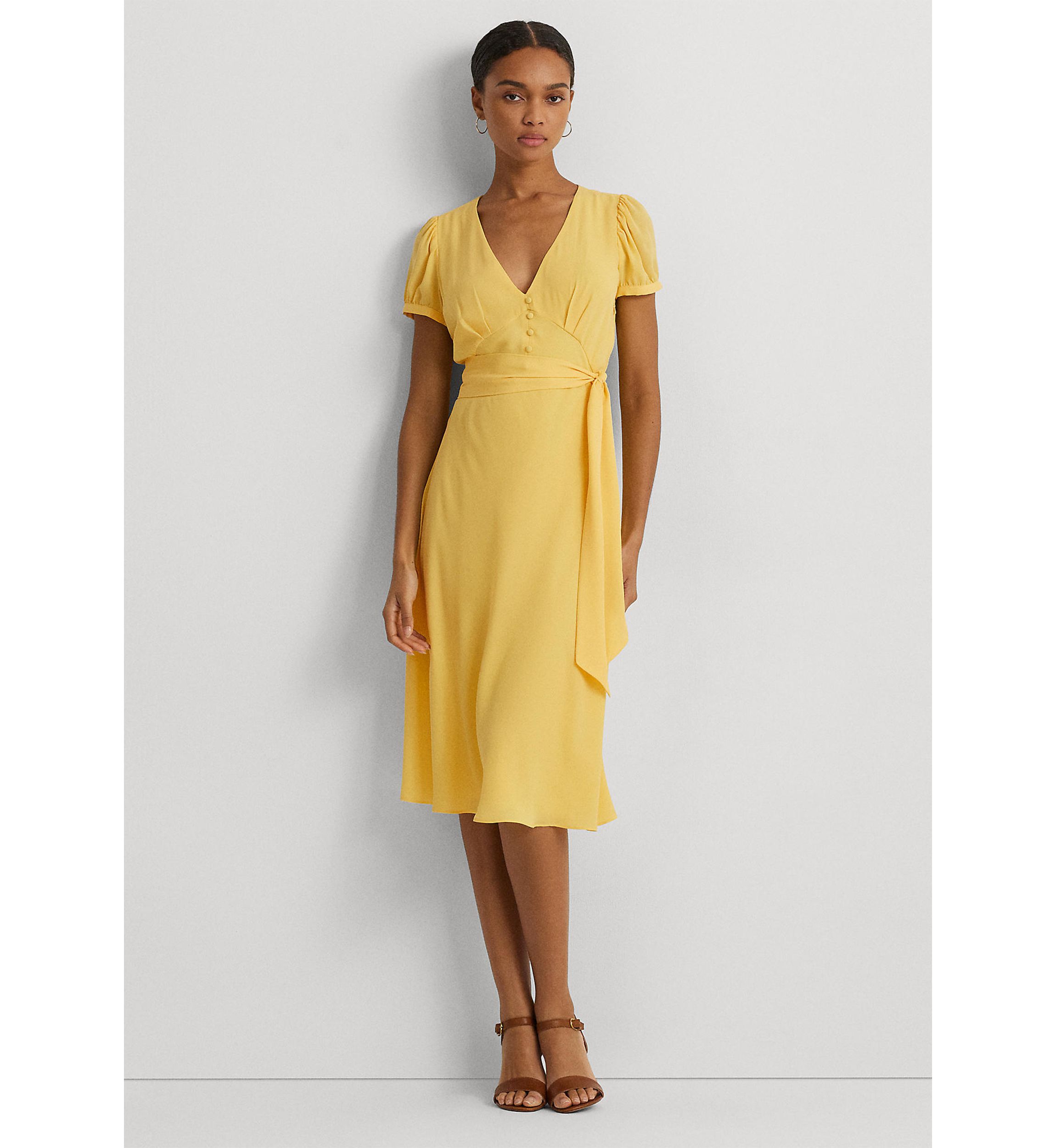 Belted Georgette Puff Sleeve Dress