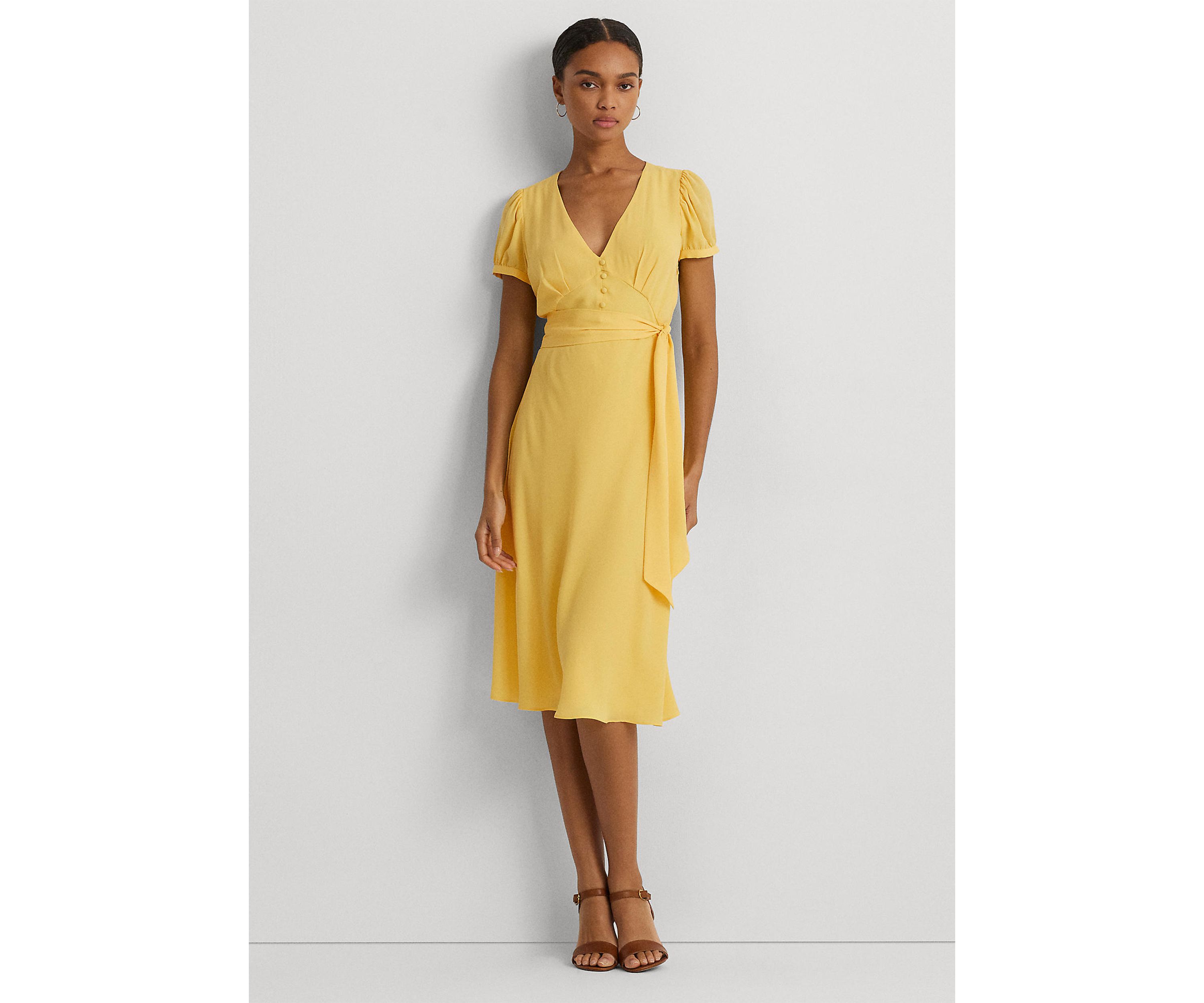 Belted Georgette Puff Sleeve Dress