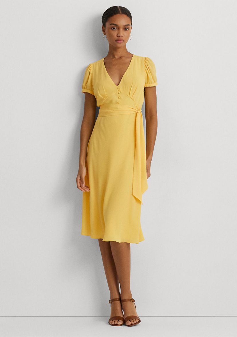 Belted Georgette Puff Sleeve Dress