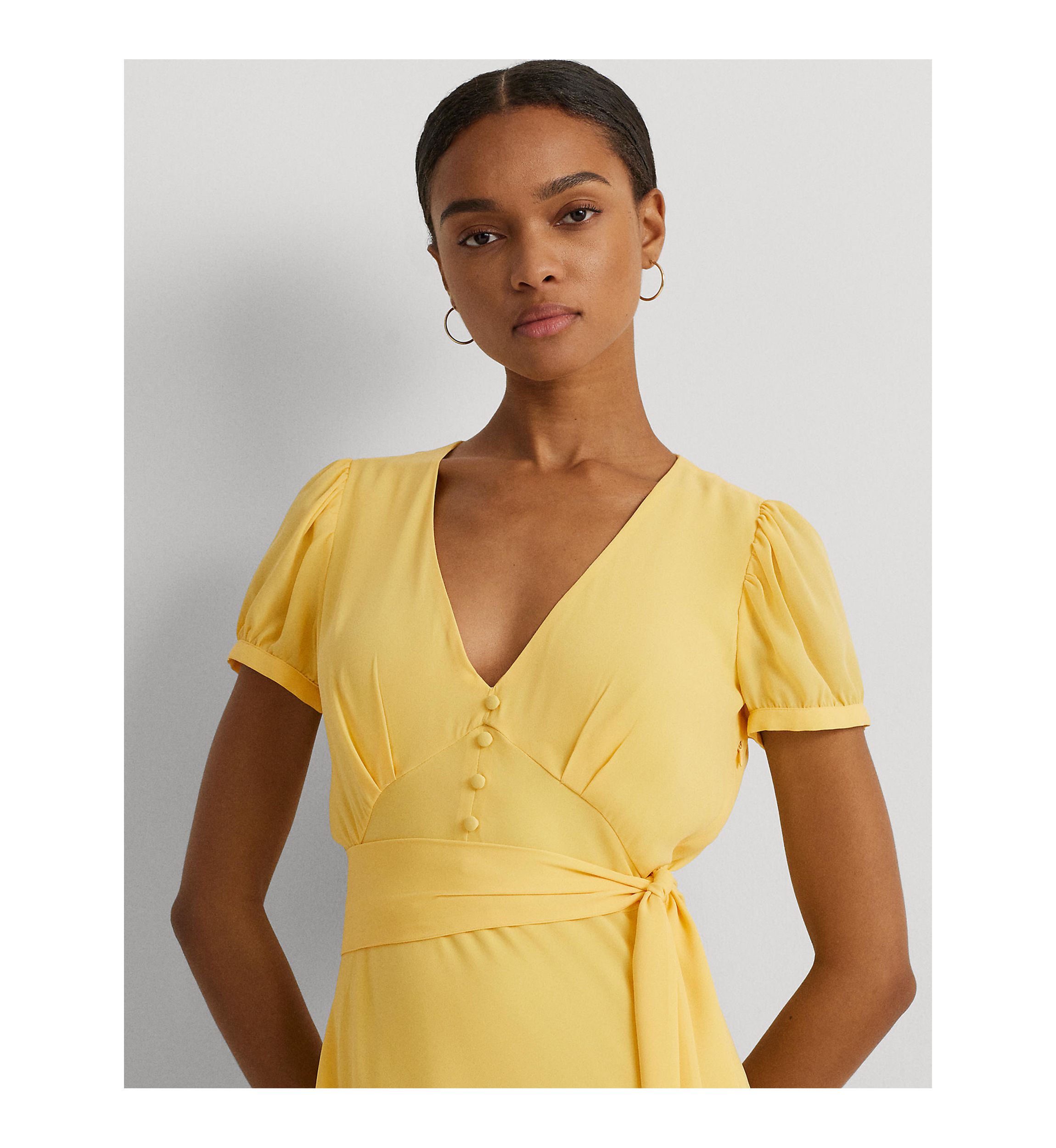 Belted Georgette Puff Sleeve Dress