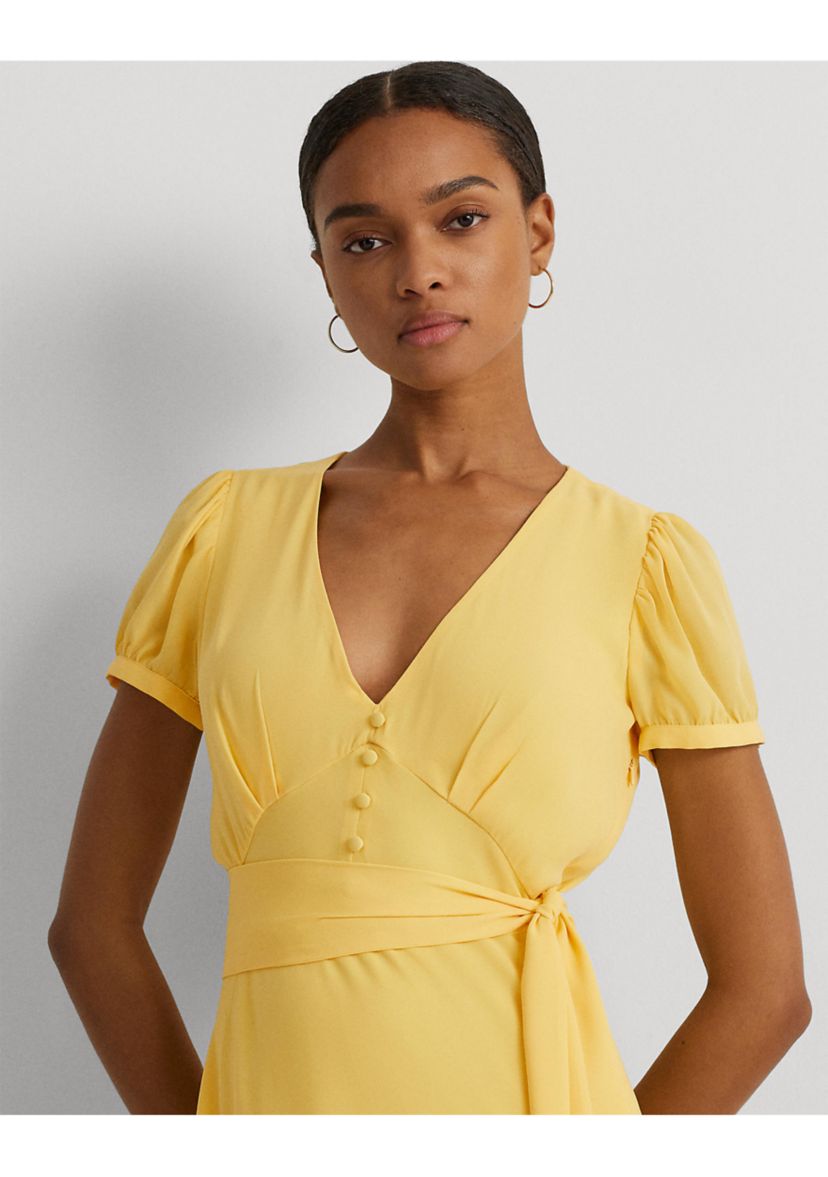 Belted Georgette Puff Sleeve Dress