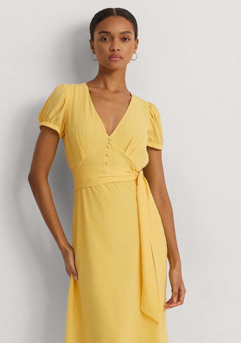 Belted Georgette Puff Sleeve Dress
