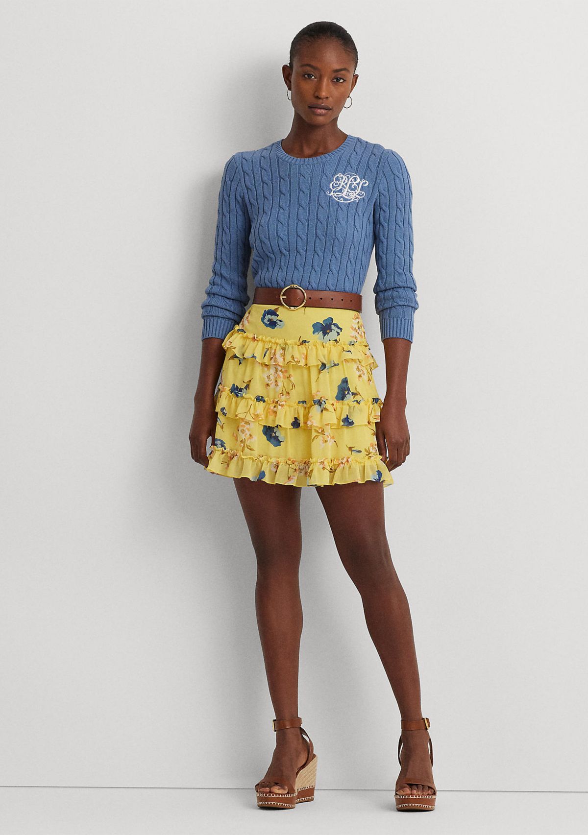 Floral Ruffle Trim Georgette Mini Skirt