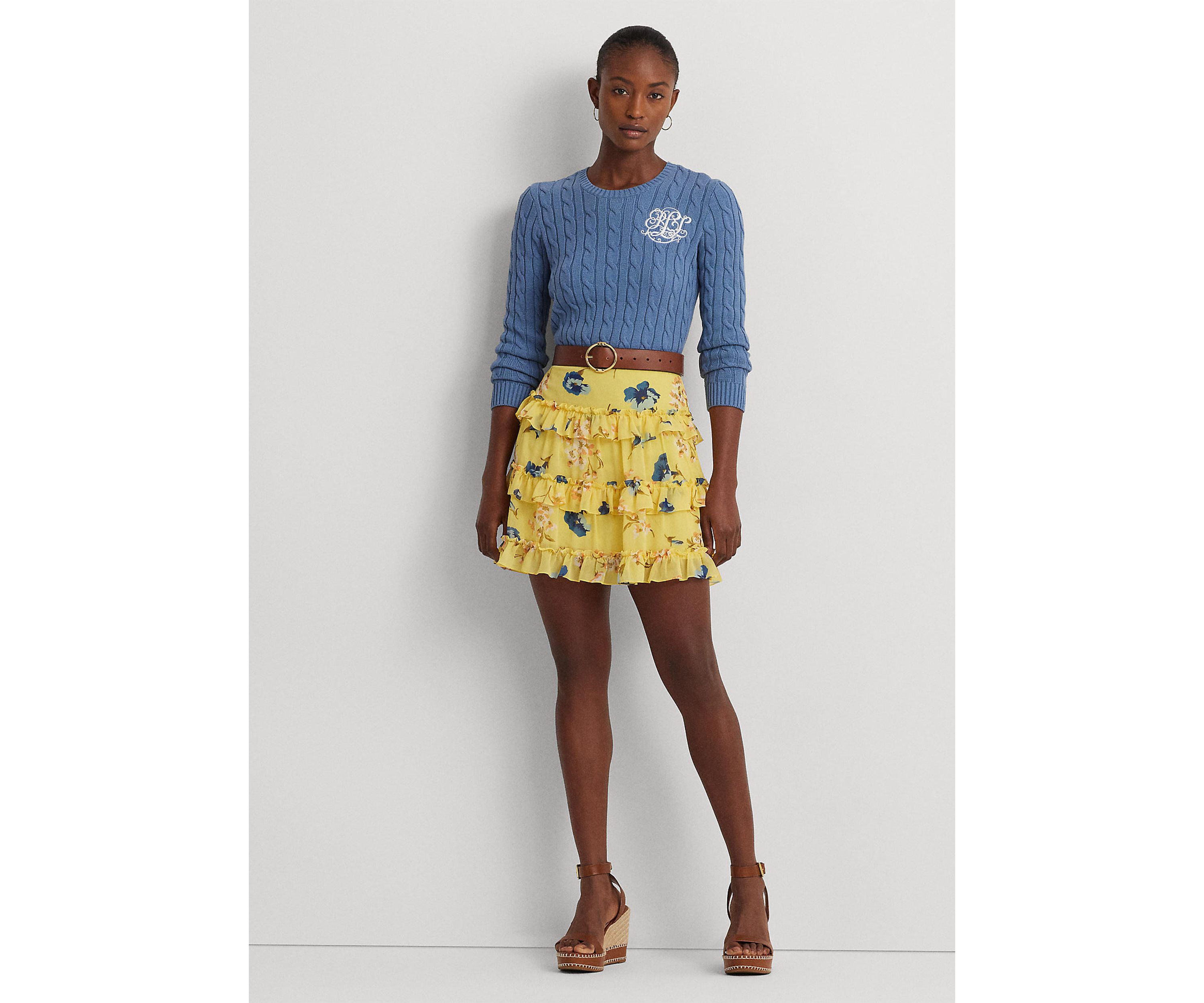 Floral Ruffle Trim Georgette Mini Skirt