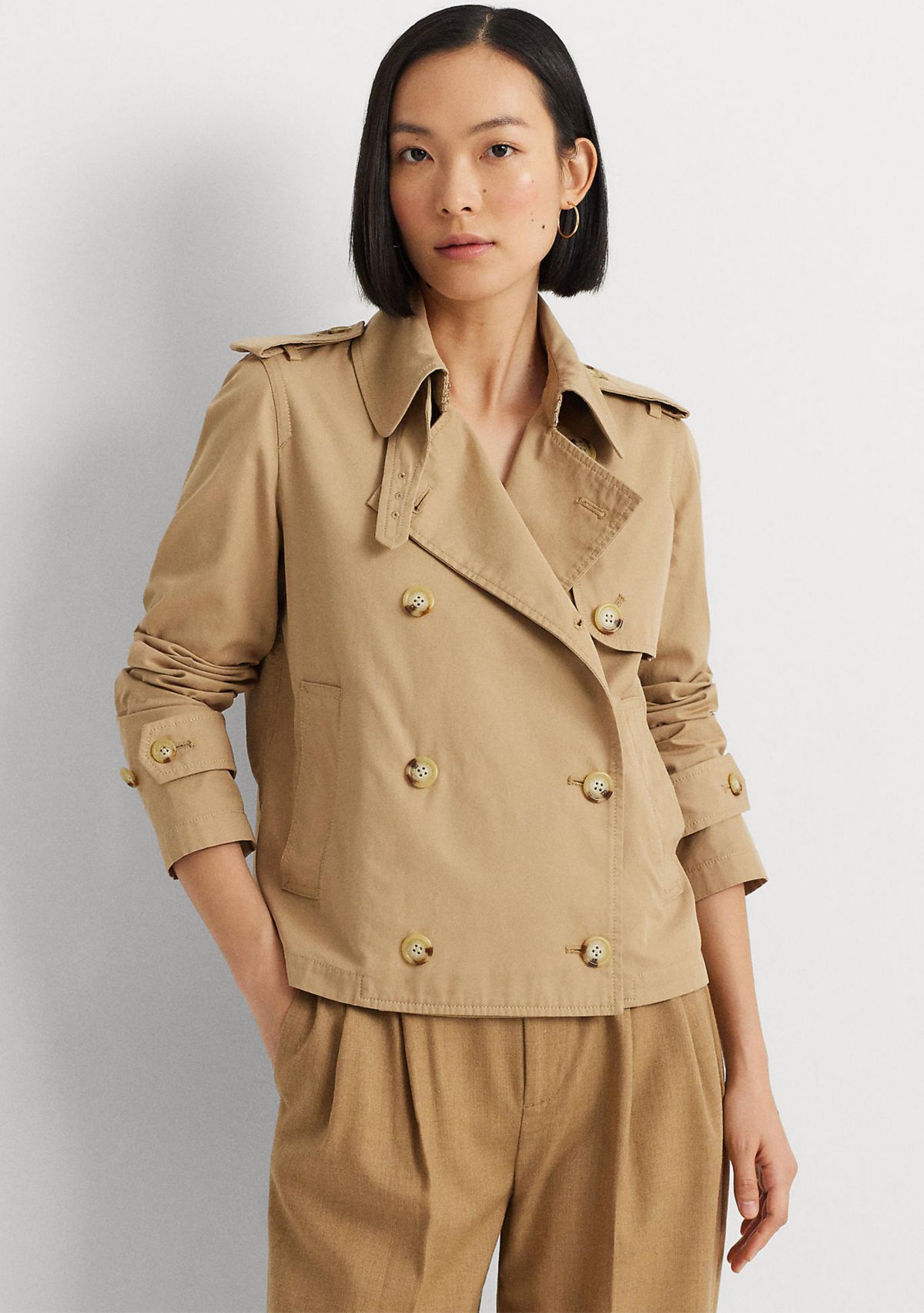 Short Double-Breasted Twill Trench Coat