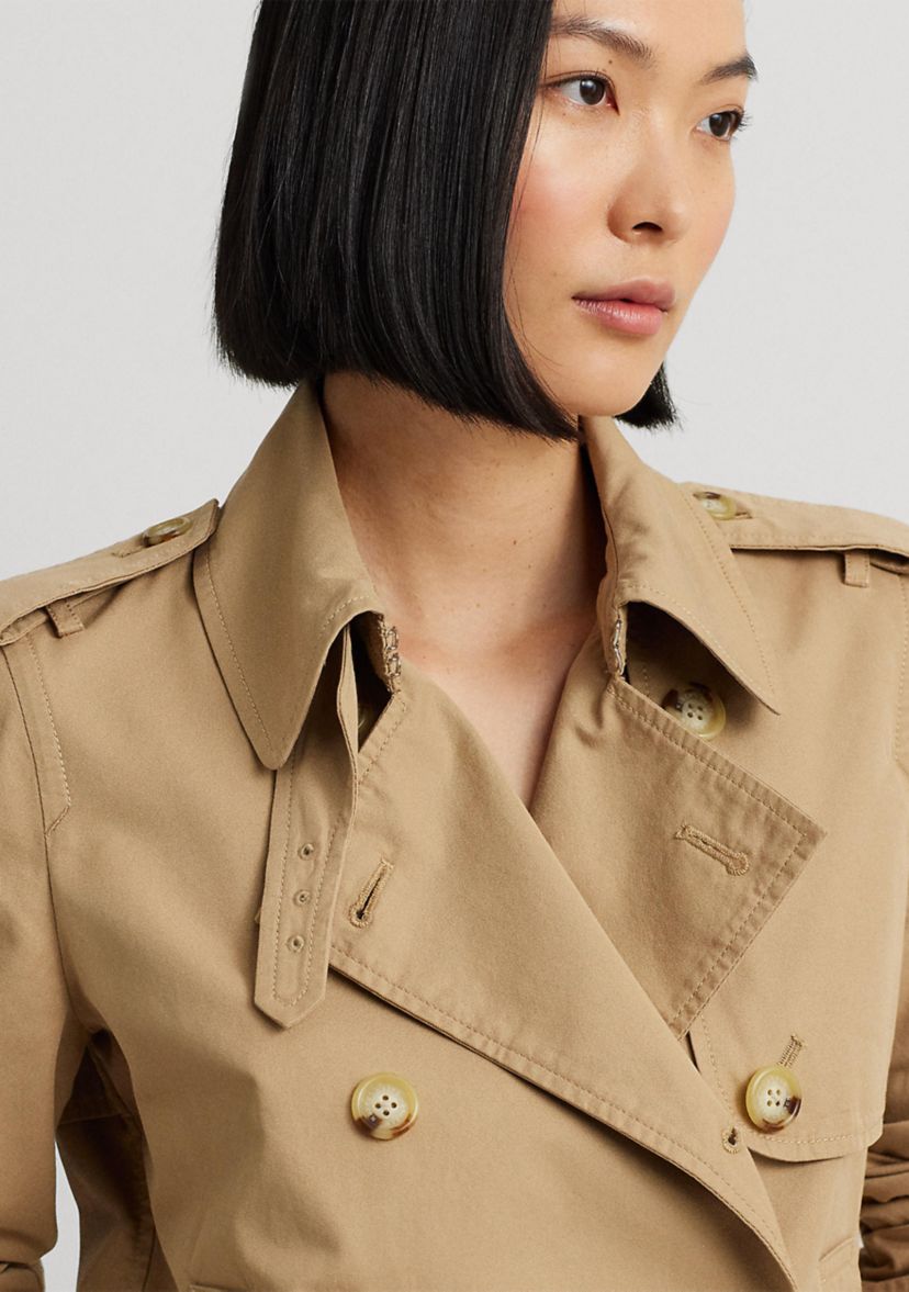 Short Double-Breasted Twill Trench Coat