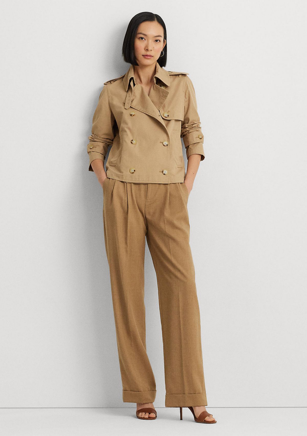 Short Double-Breasted Twill Trench Coat