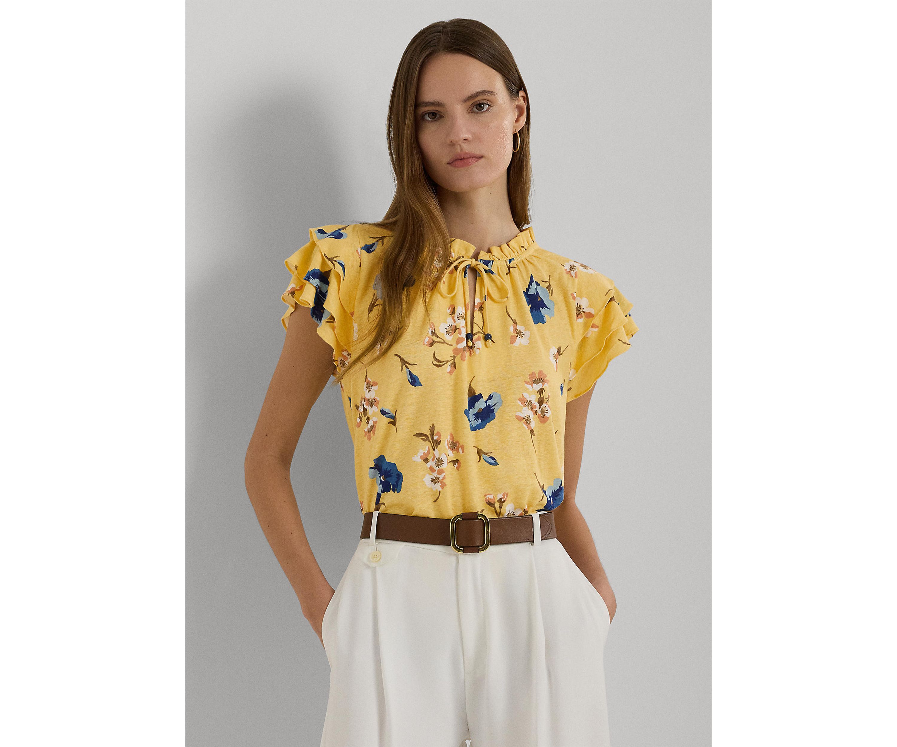 Floral Linen Blend Jersey Tie Neck Top