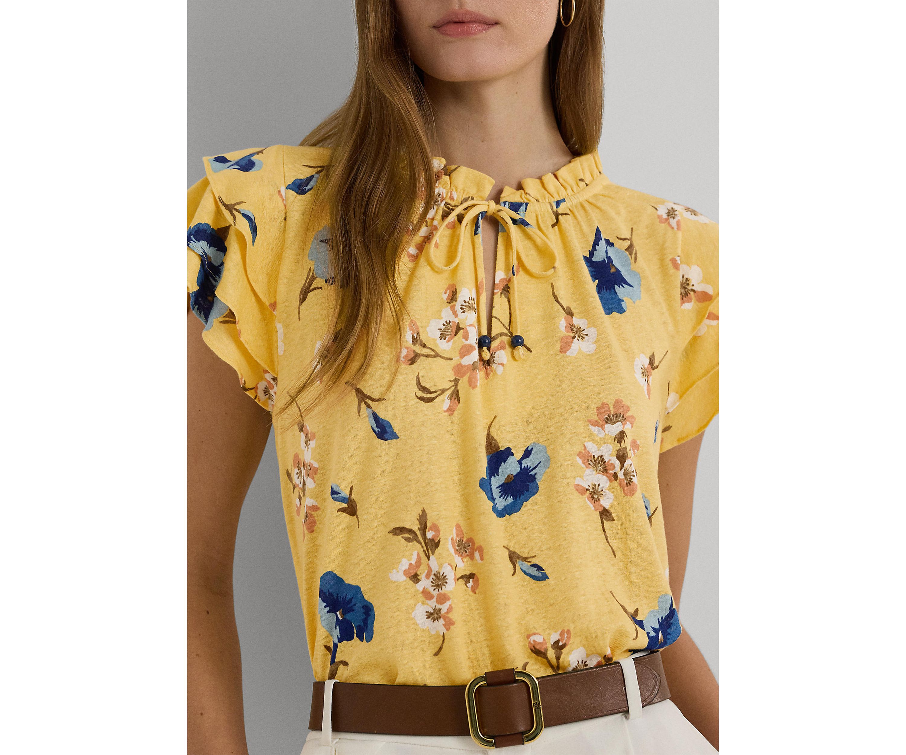 Floral Linen Blend Jersey Tie Neck Top
