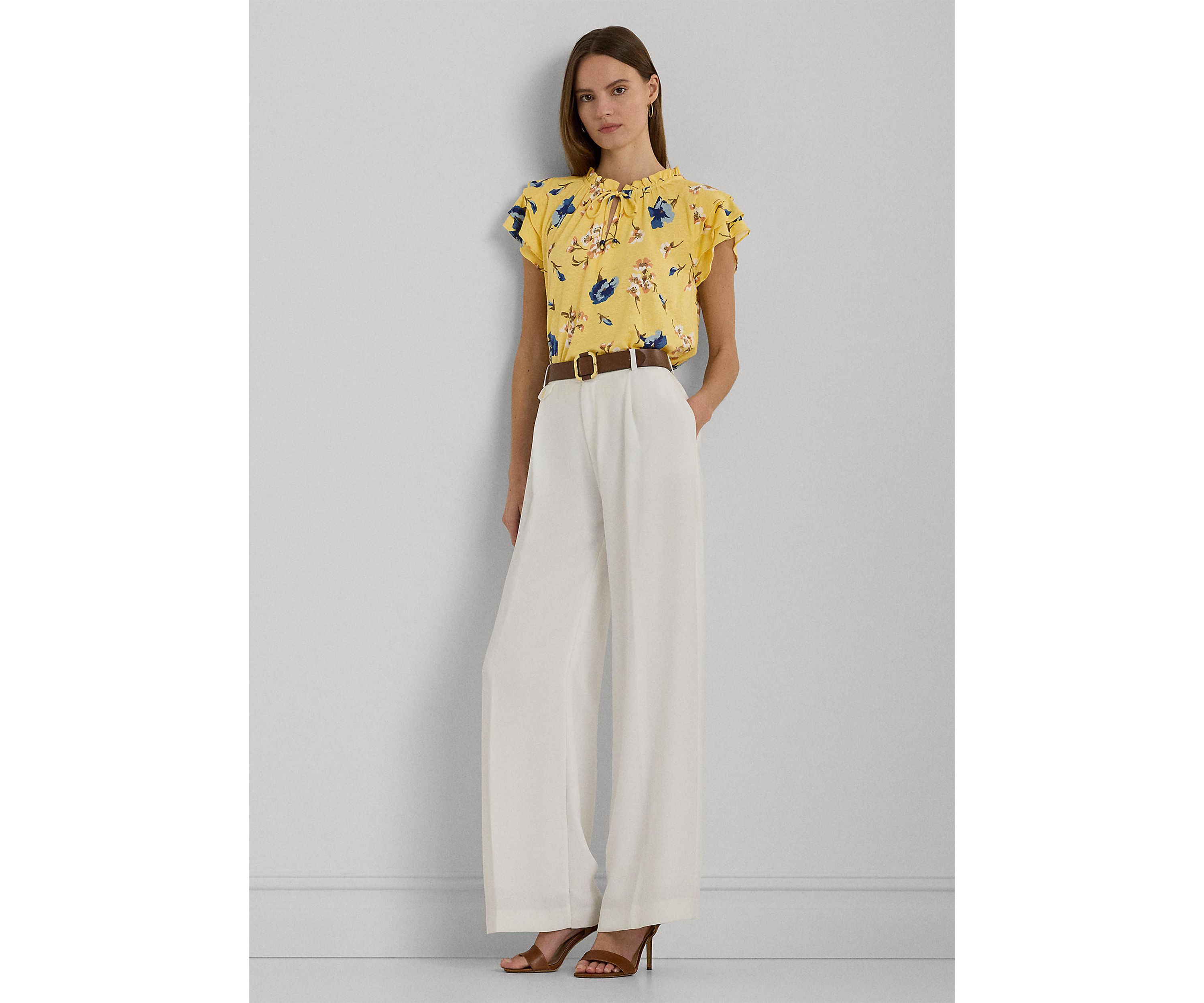 Floral Linen Blend Jersey Tie Neck Top