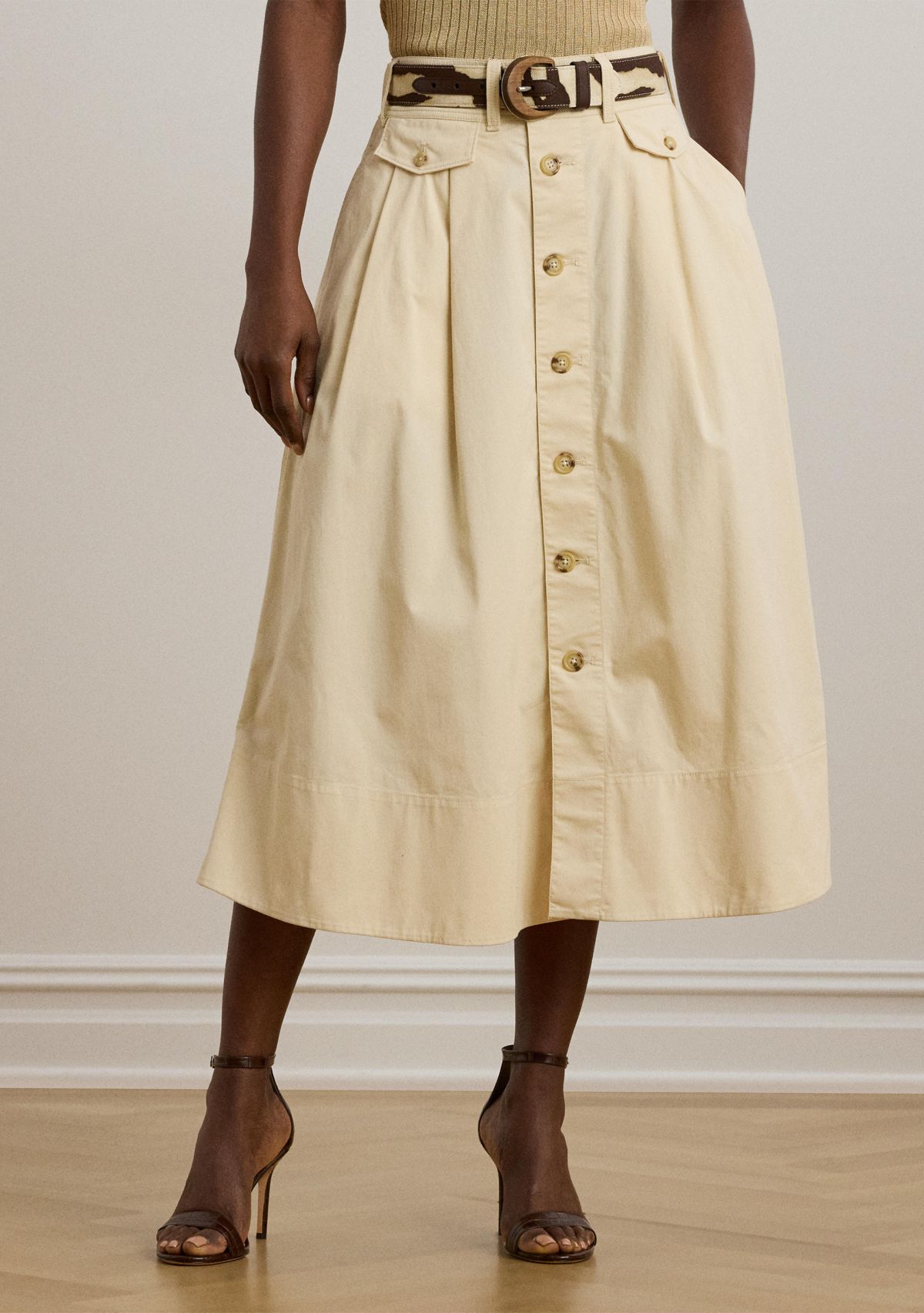 Womens Button-Front Micro-Sanded Twill Skirt