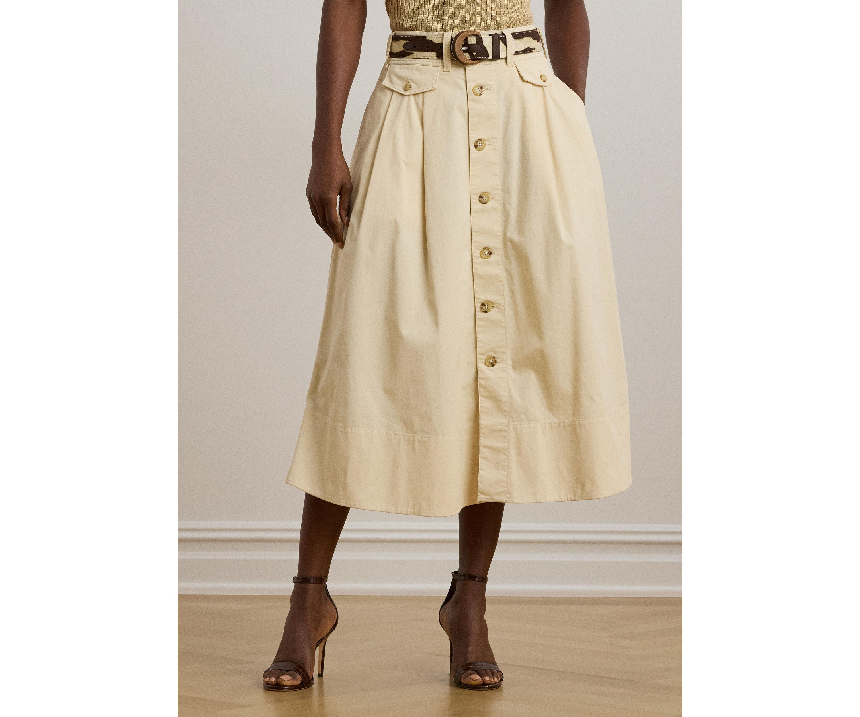 Womens Button-Front Micro-Sanded Twill Skirt