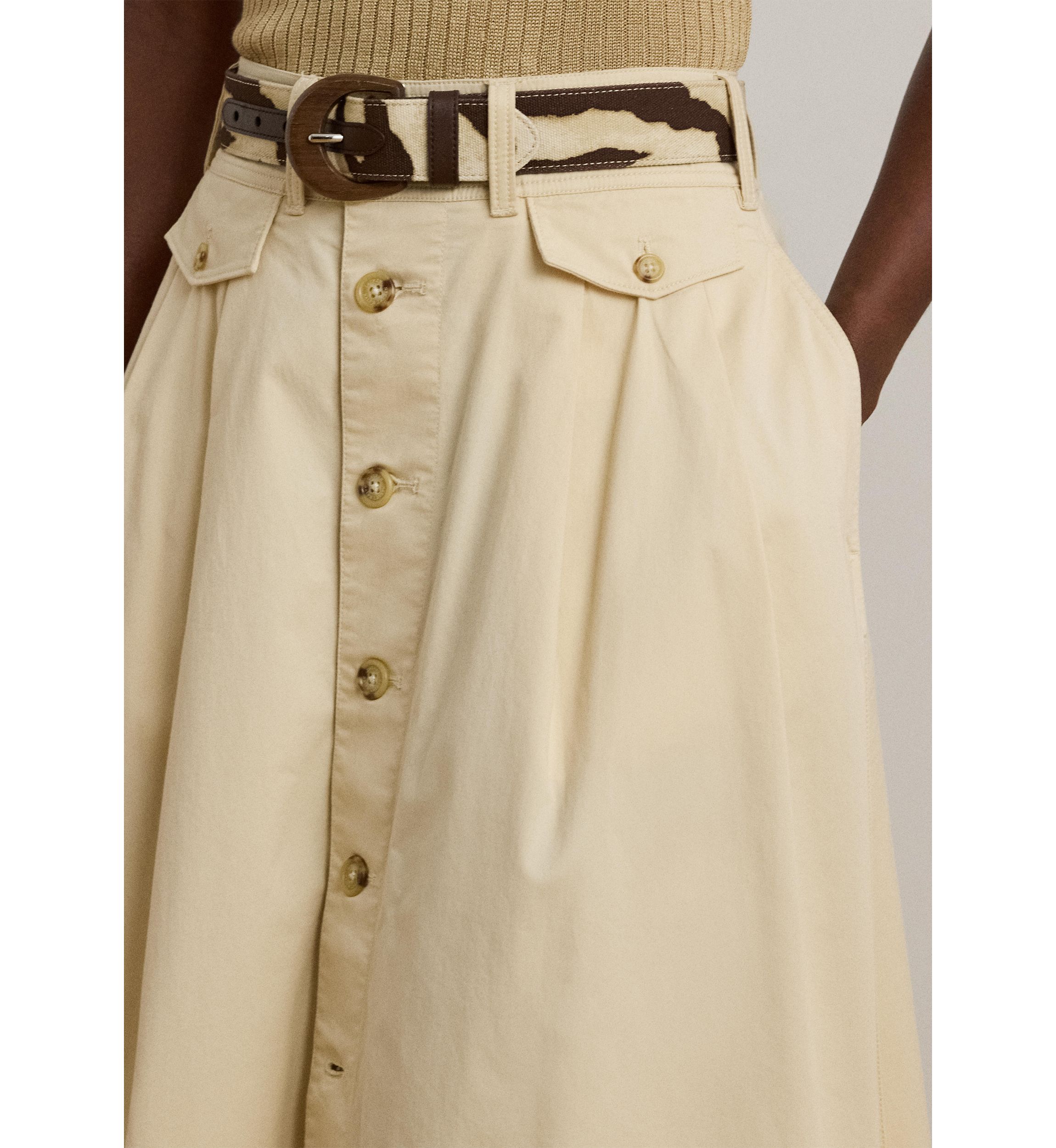 Womens Button-Front Micro-Sanded Twill Skirt