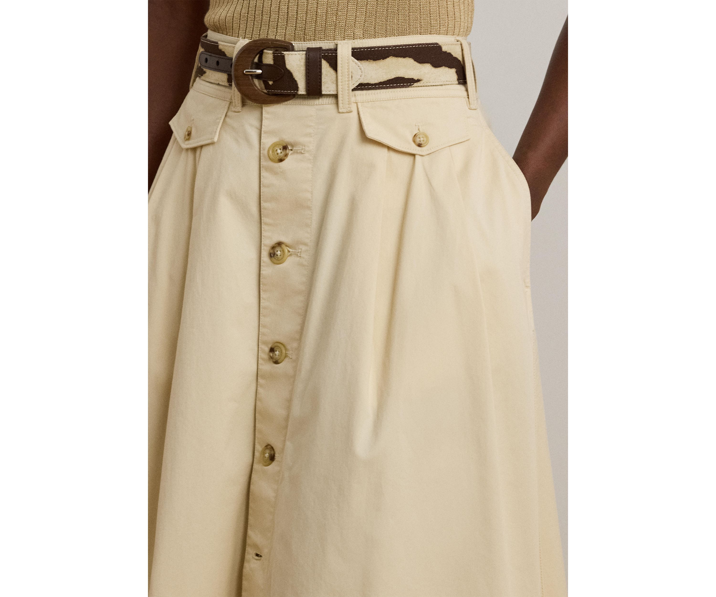 Womens Button-Front Micro-Sanded Twill Skirt