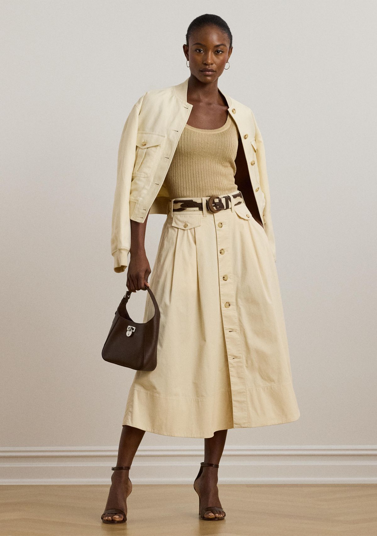 Womens Button-Front Micro-Sanded Twill Skirt