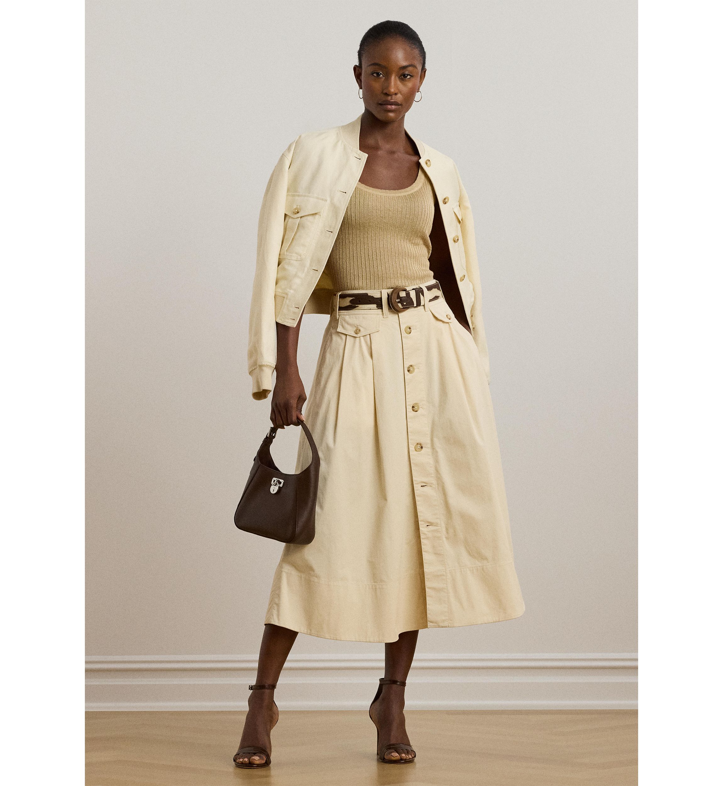 Womens Button-Front Micro-Sanded Twill Skirt