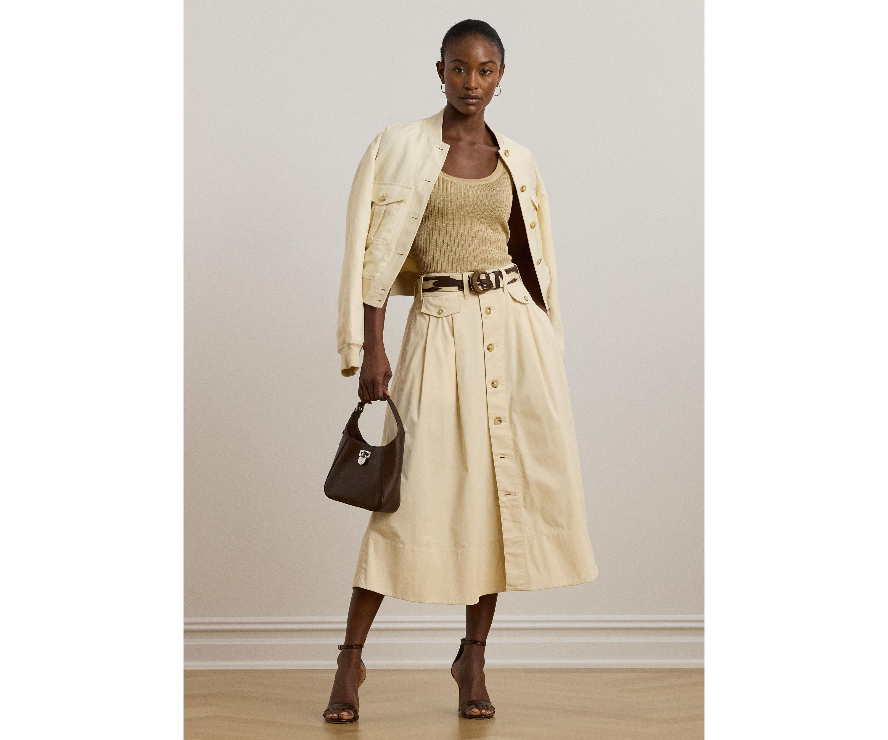 Womens Button-Front Micro-Sanded Twill Skirt