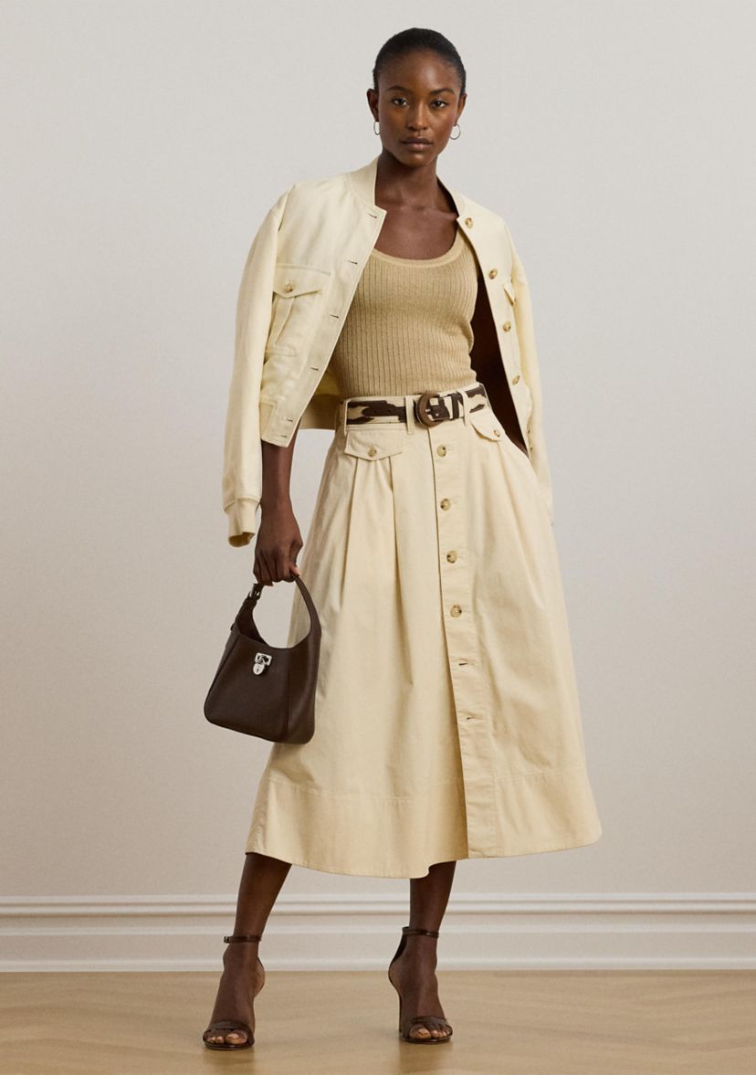 Womens Button-Front Micro-Sanded Twill Skirt