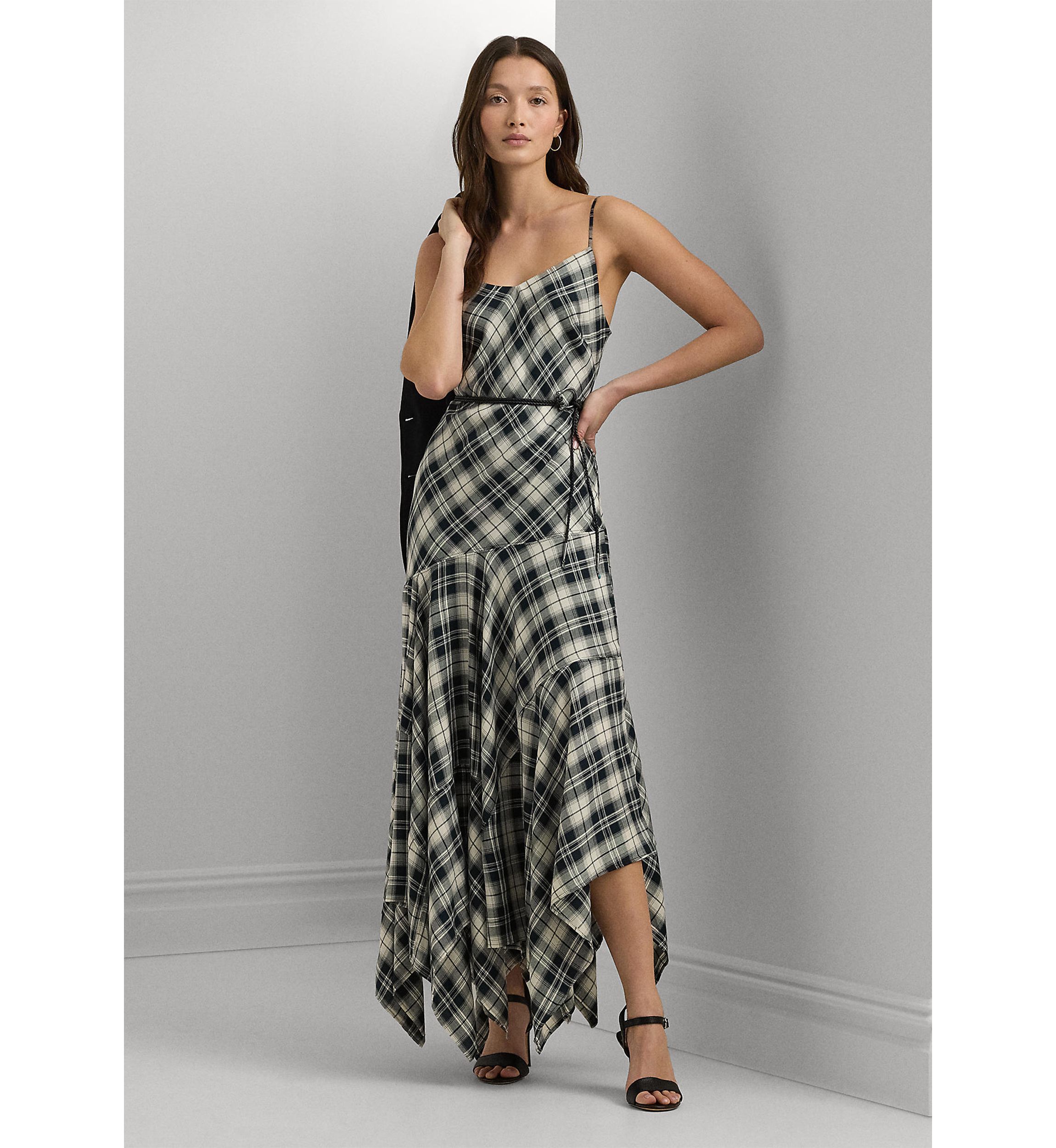 Plaid Belted Herringbone Dress