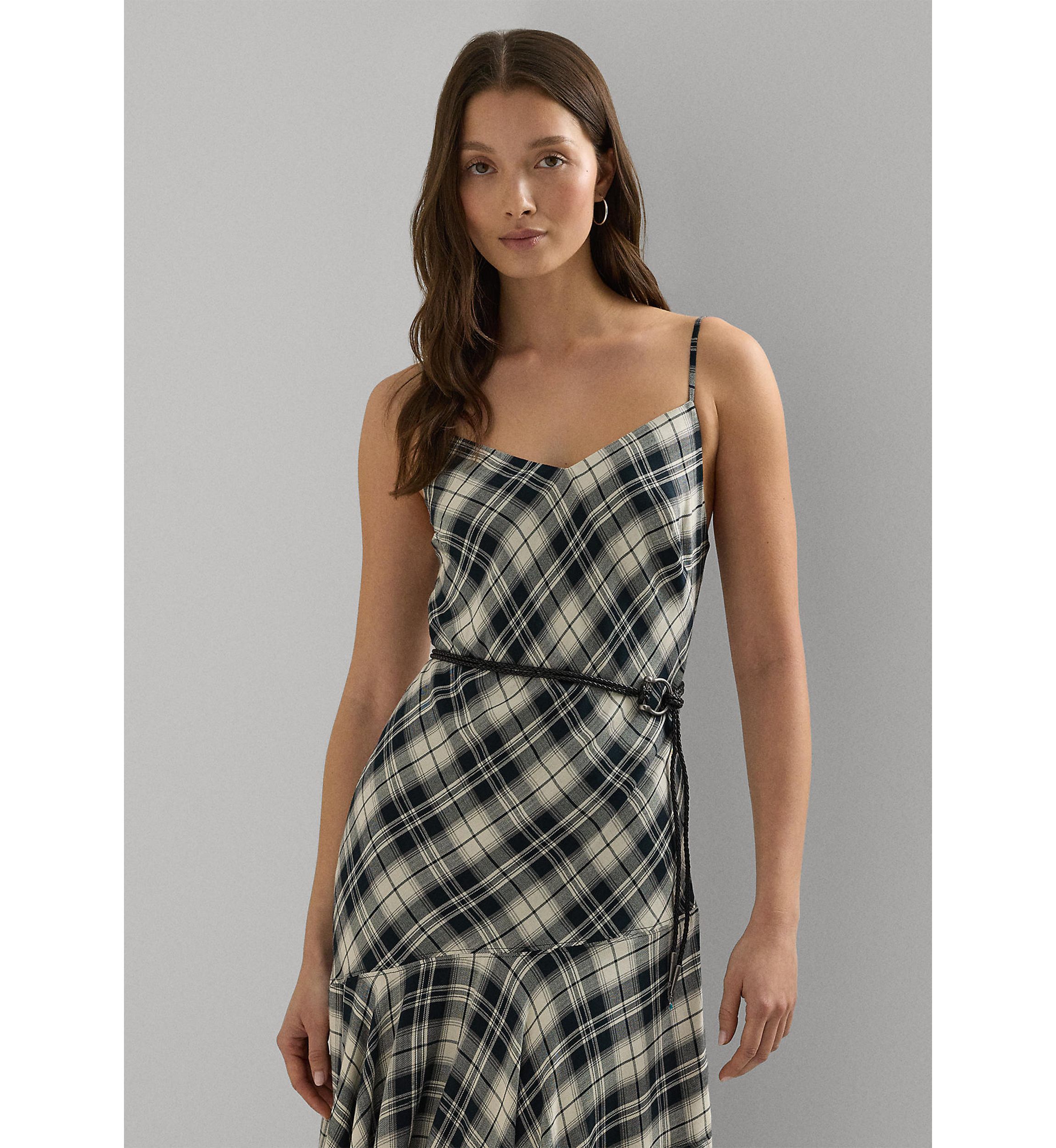 Plaid Belted Herringbone Dress