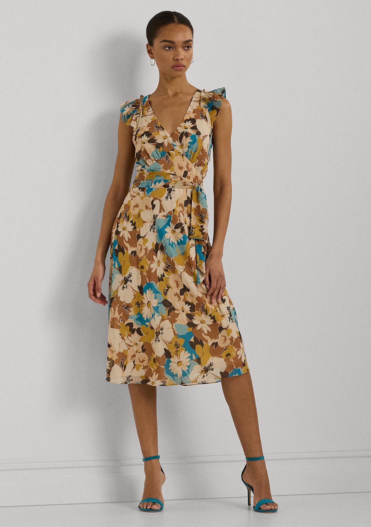 Womens Floral Belted Crinkle Georgette Dress
