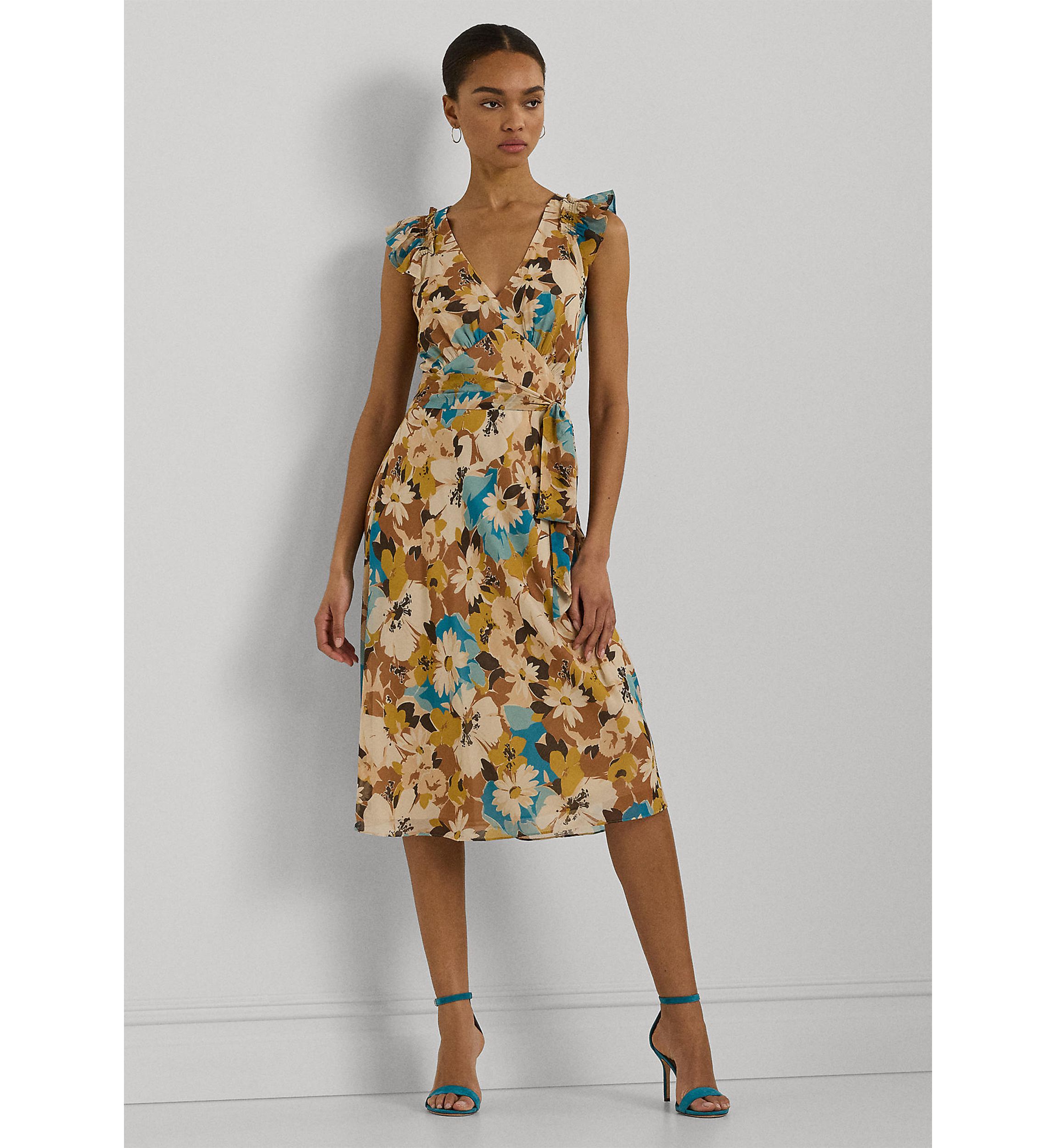 Womens Floral Belted Crinkle Georgette Dress