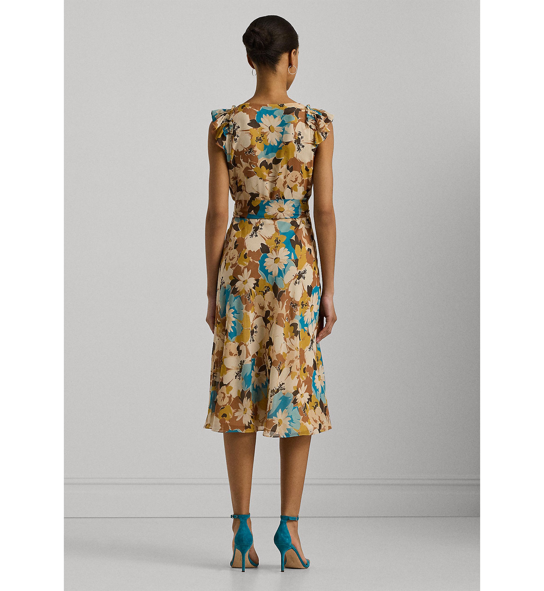 Womens Floral Belted Crinkle Georgette Dress